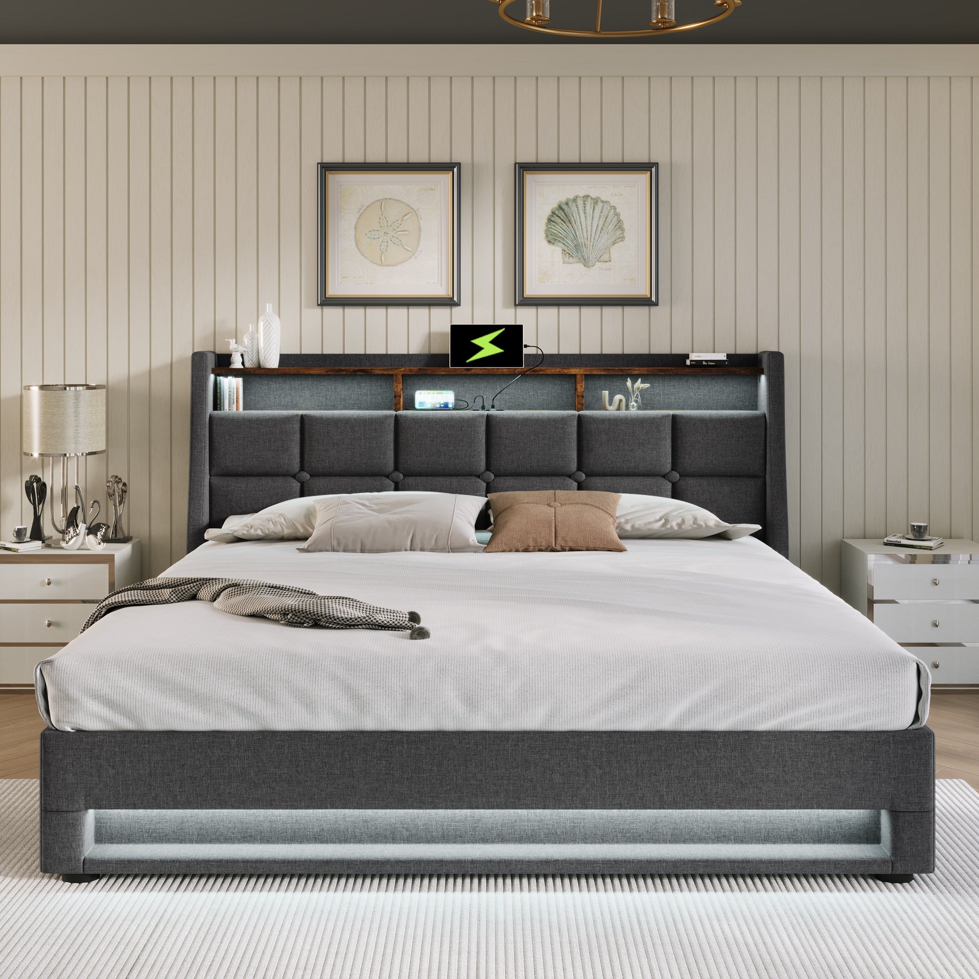 Logidon gestoffeerd bed 140x200 cm grijs met USB en LED-verlichting