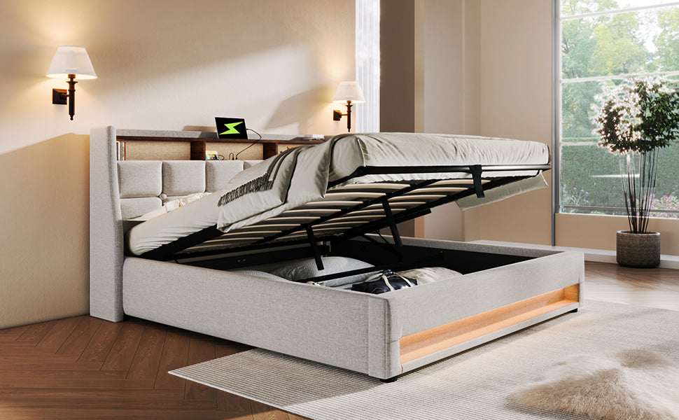 Logidon gestoffeerd bed 140x200 beige met USB LED verlichting