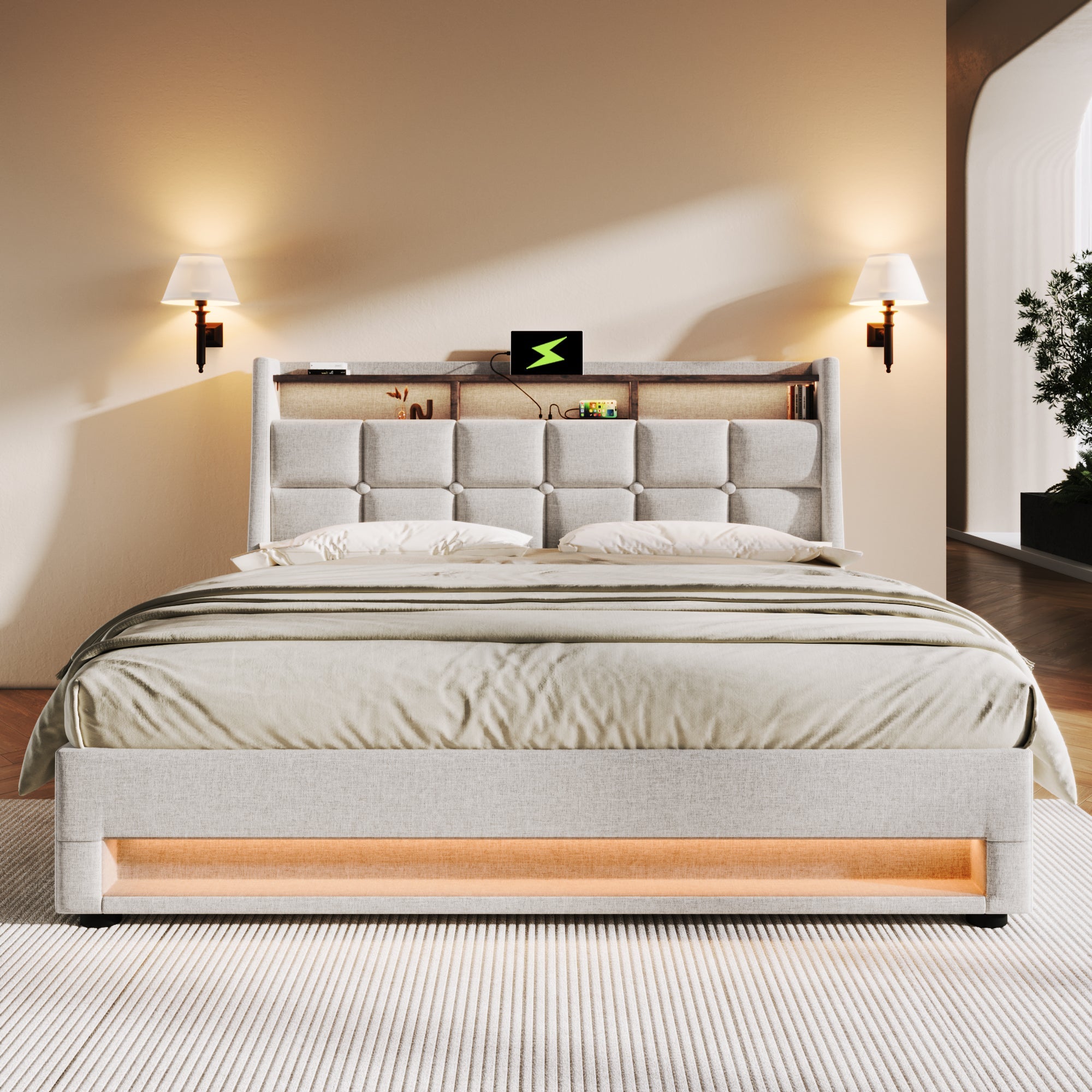 Logidon gestoffeerd bed 180x200 beige met USB en LED hoofdbord