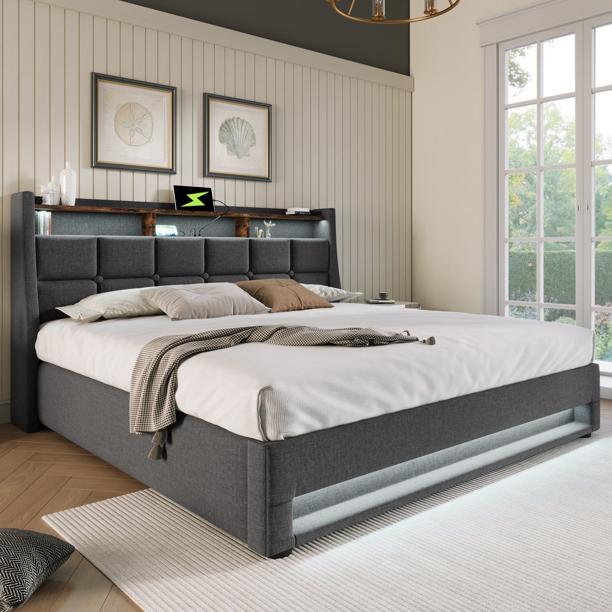 Logidon gestoffeerd bed 140x200 cm grijs met USB en LED-verlichting