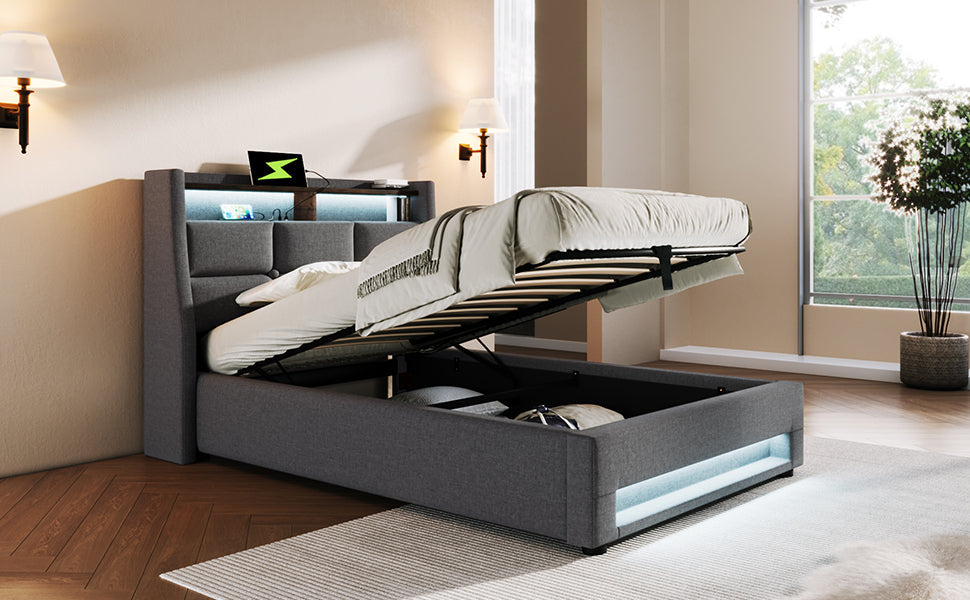 Logidon gestoffeerd bed 90x200 grijs met USB en LED-verlichting