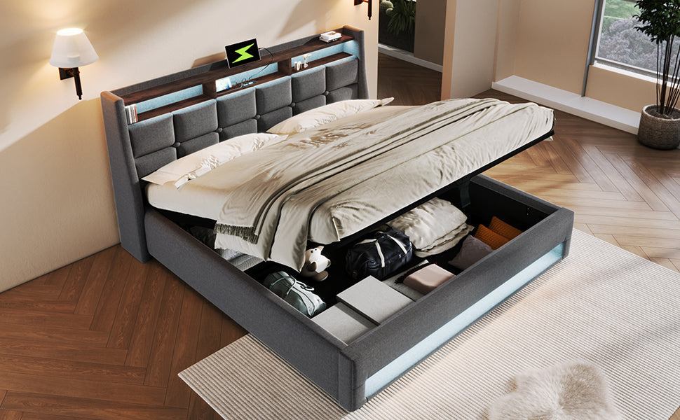 Logidon gestoffeerd bed met USB en LED 180x200 cm grijs linnen