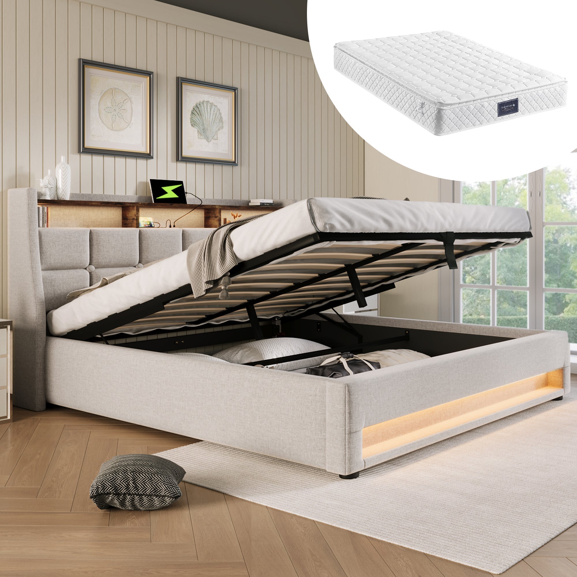 Logidon gestoffeerd bed 140x200 beige met USB LED verlichting