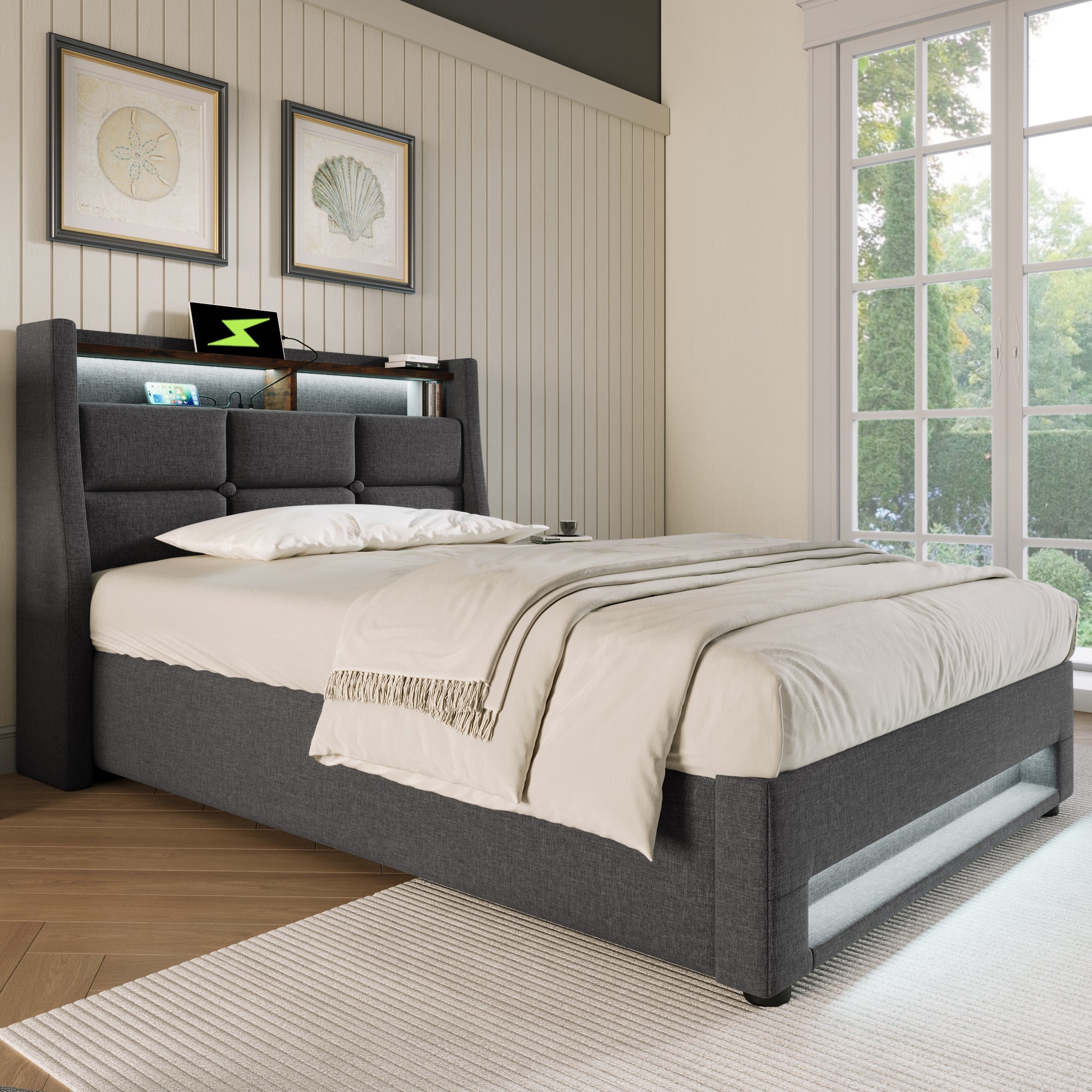 Logidon gestoffeerd bed 90x200 grijs met USB en LED-verlichting