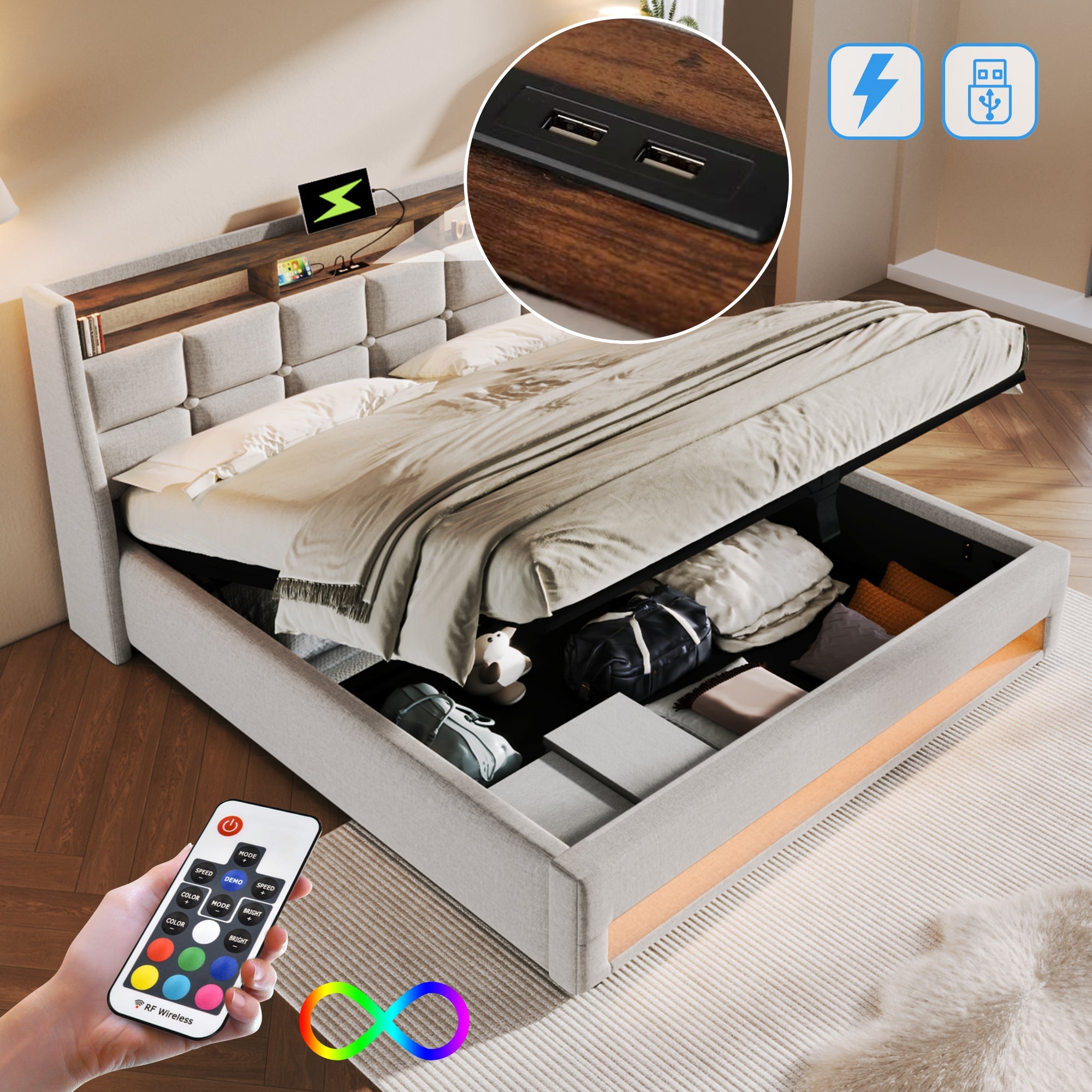 Logidon gestoffeerd bed 160x200 beige met USB en LED-verlichting matras
