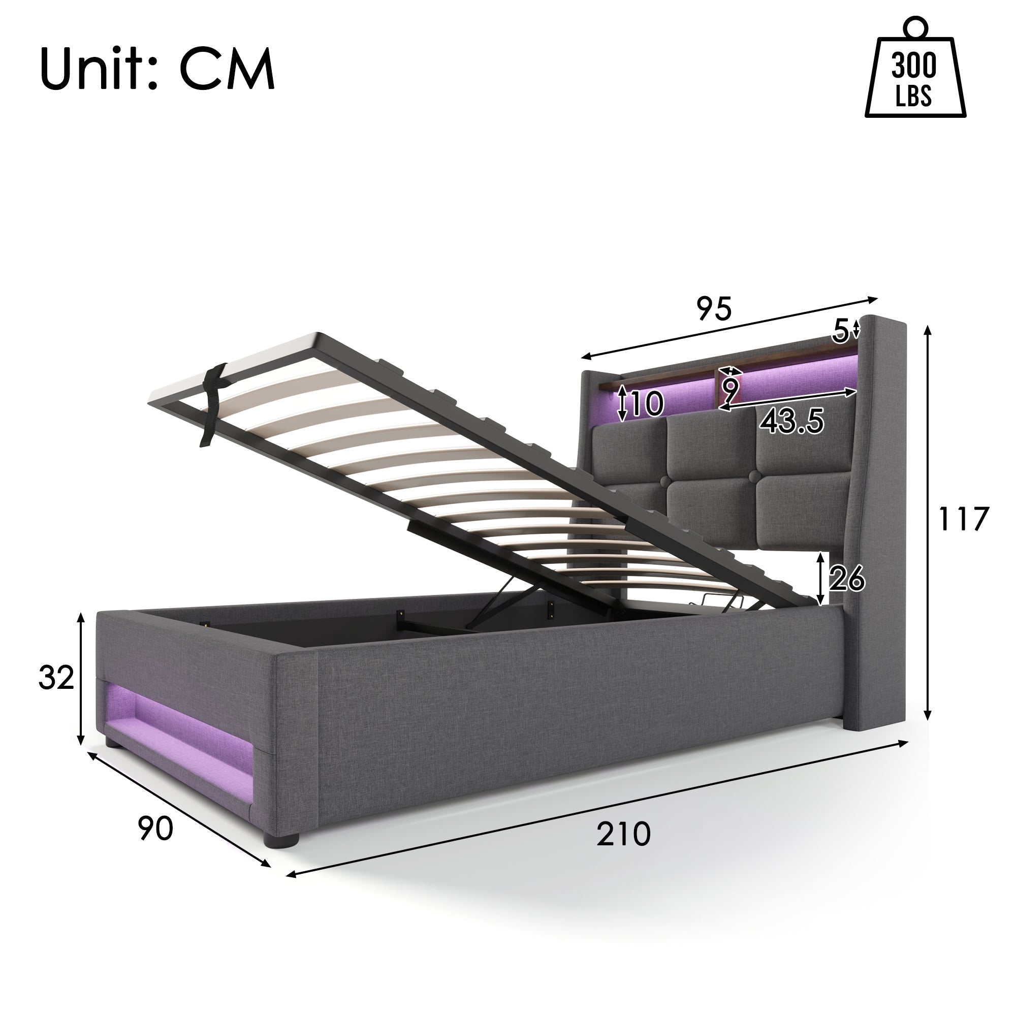 Logidon gestoffeerd bed 90x200 grijs met USB en LED-verlichting
