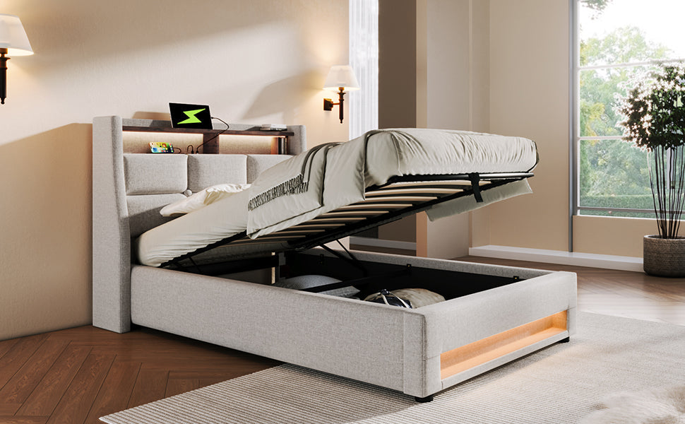 Logidon gestoffeerd bed met USB en LED 90x200 beige linnen bedframe