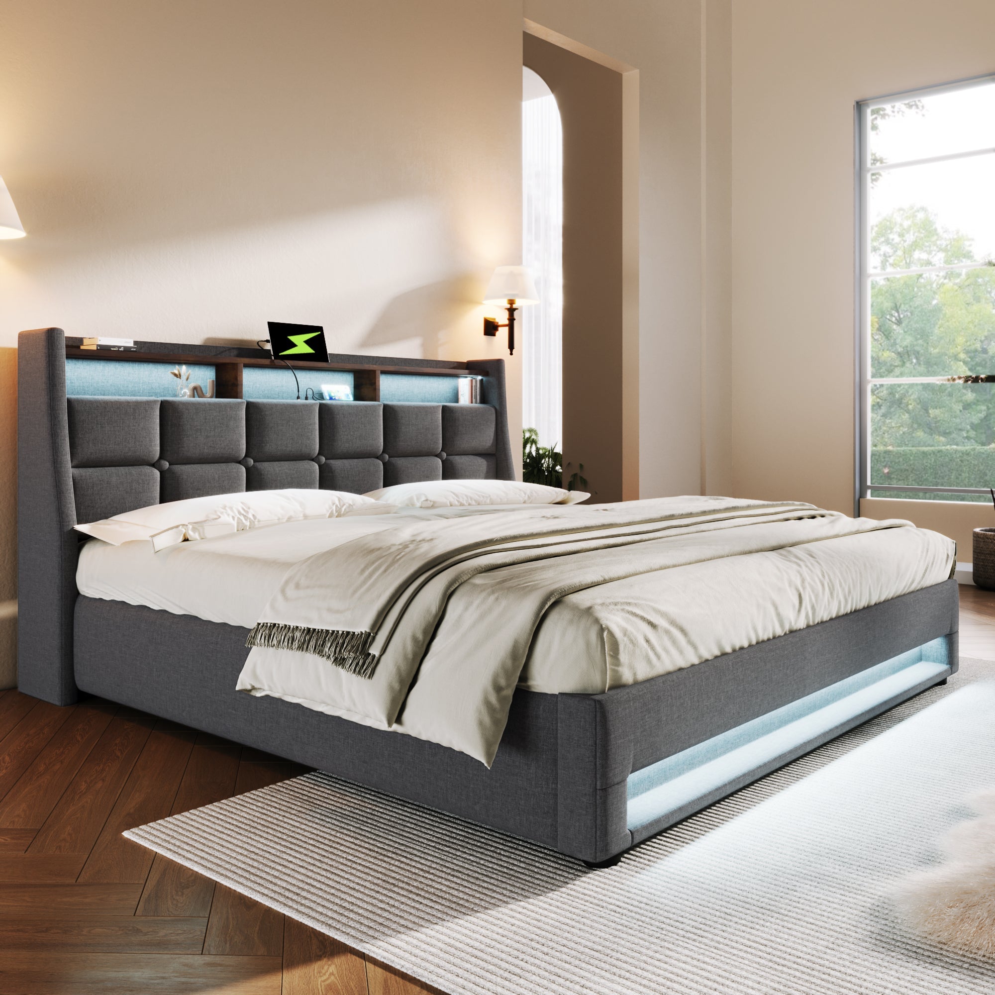 Logidon gestoffeerd bed 140x200 cm grijs met USB en LED-verlichting