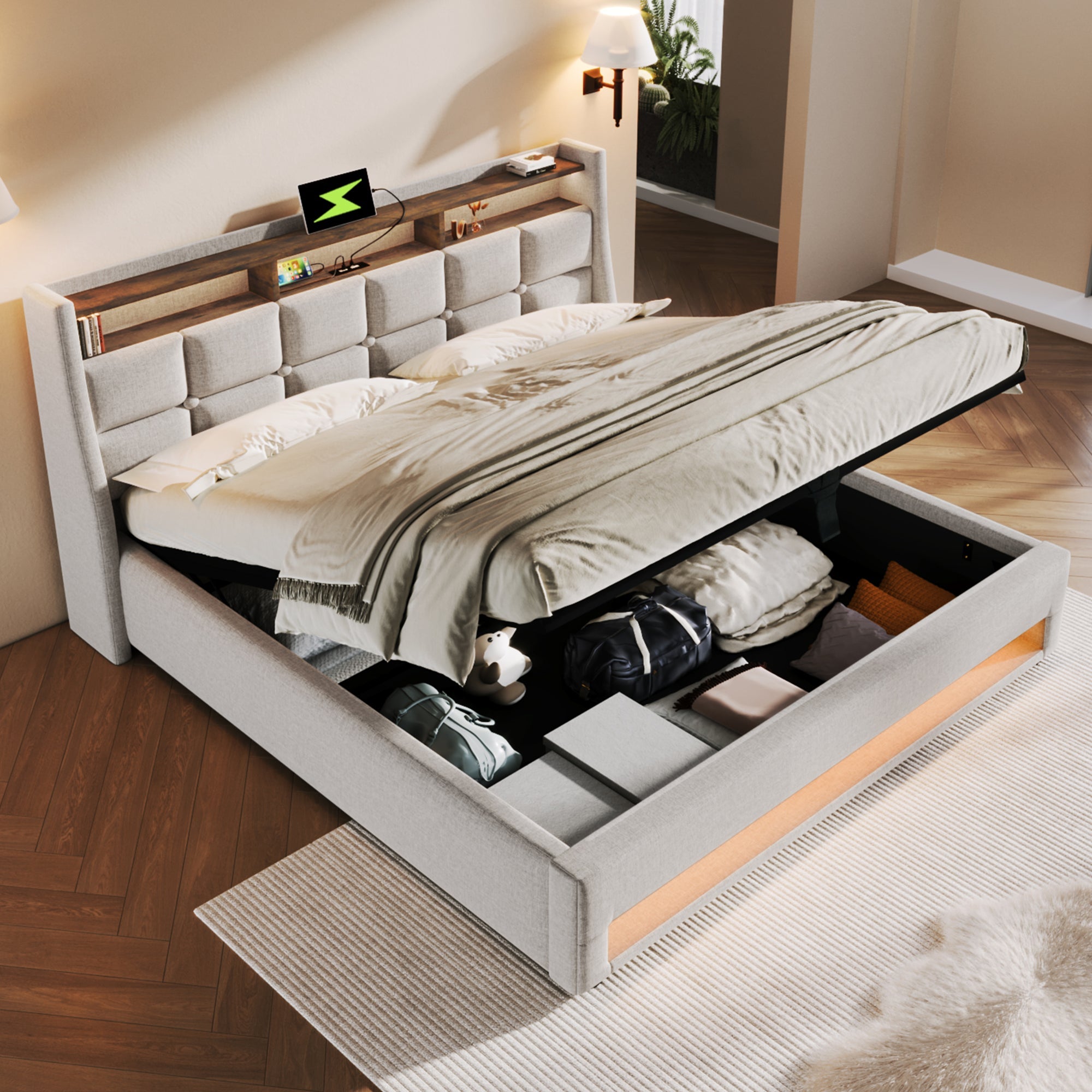 Logidon gestoffeerd bed 140x200 beige met USB LED verlichting