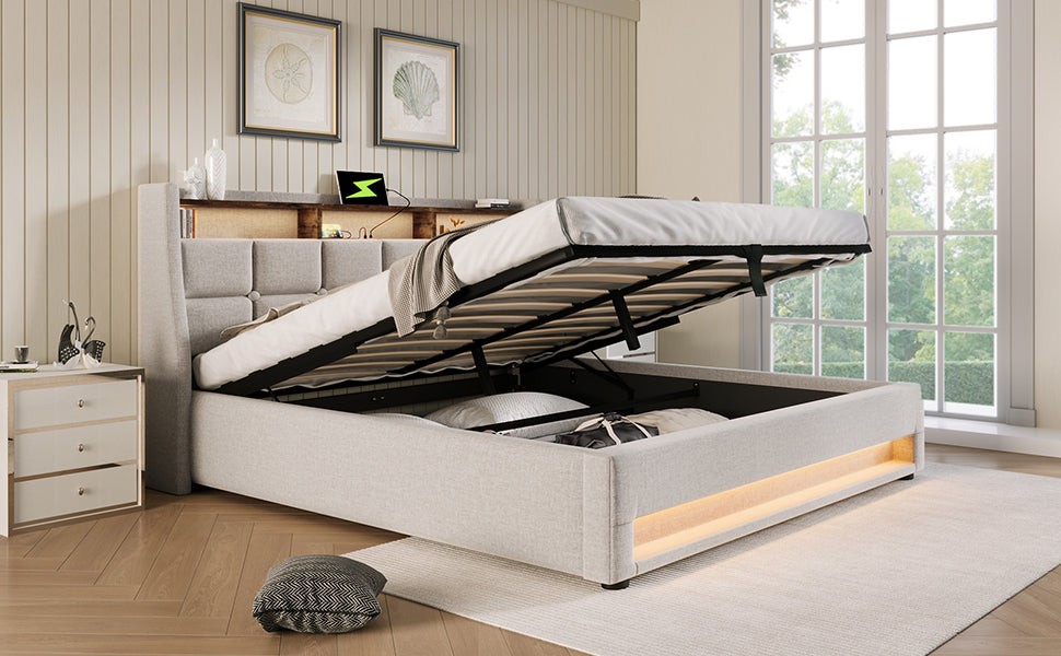 Logidon gestoffeerd bed 140x200 beige met USB LED verlichting