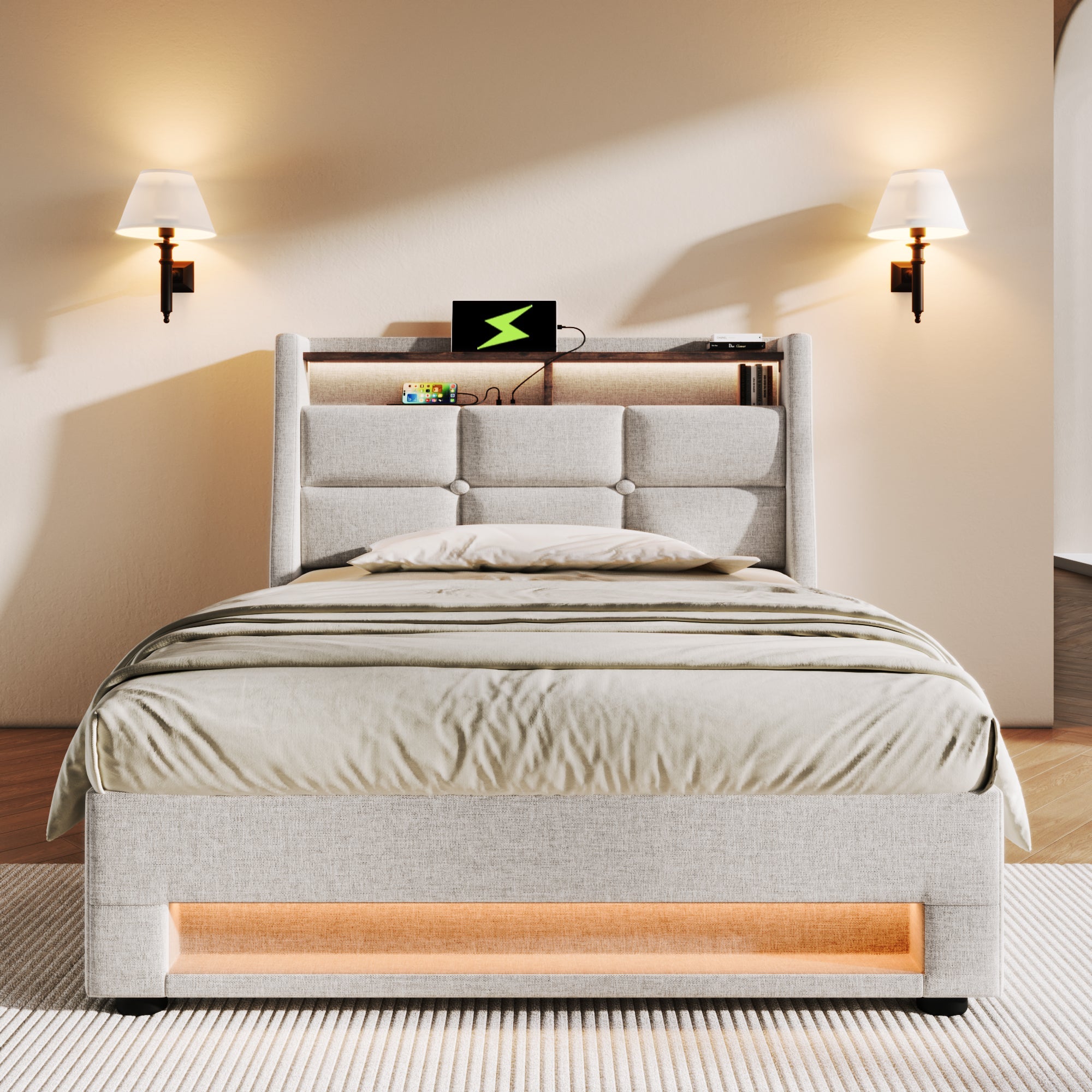 Logidon gestoffeerd bed met USB en LED 90x200 beige linnen bedframe