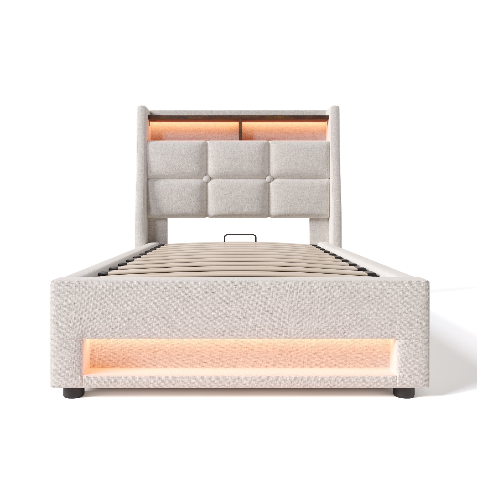 Logidon gestoffeerd bed met USB en LED 90x200 beige linnen bedframe