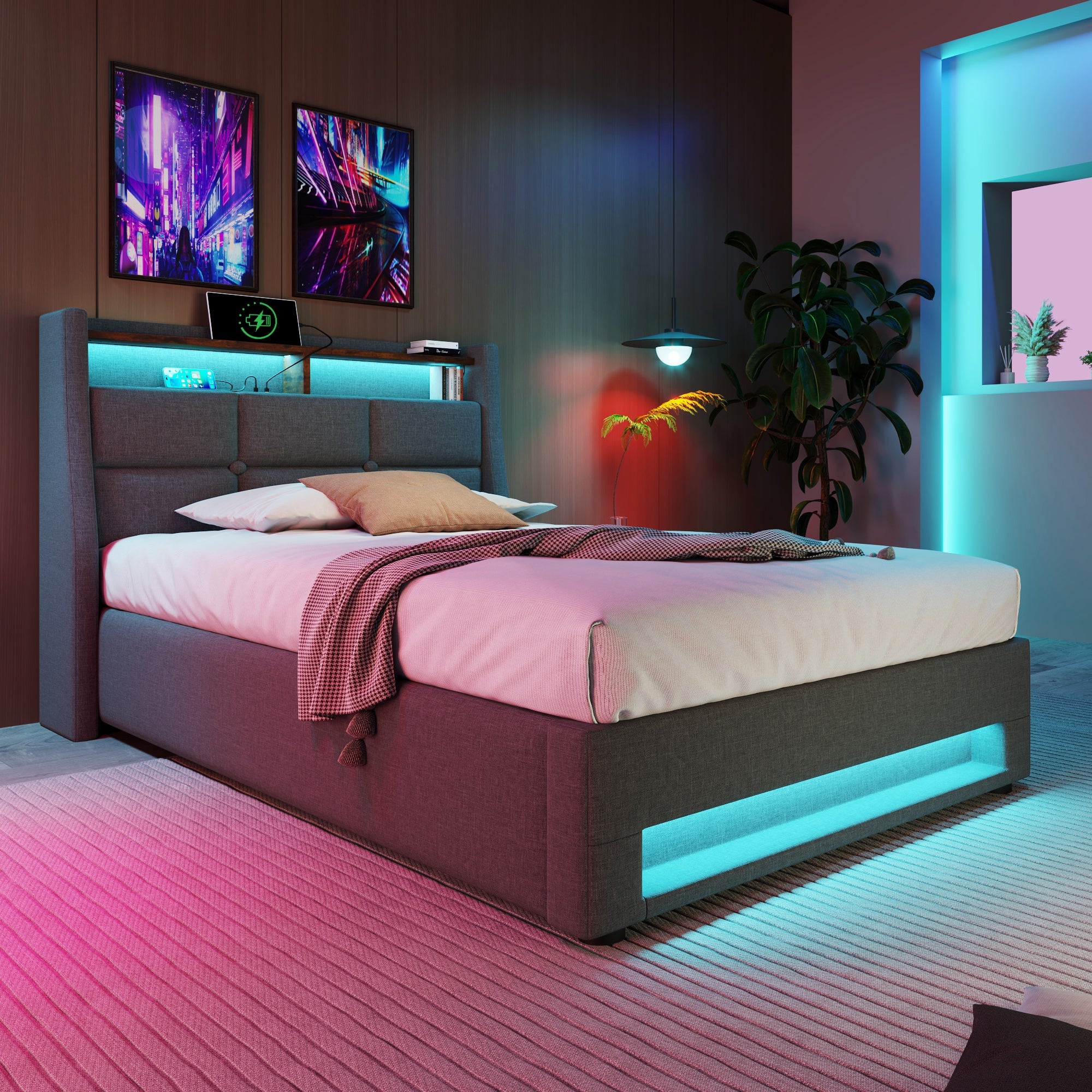 Logidon gestoffeerd bed 90x200 grijs met USB en LED-verlichting