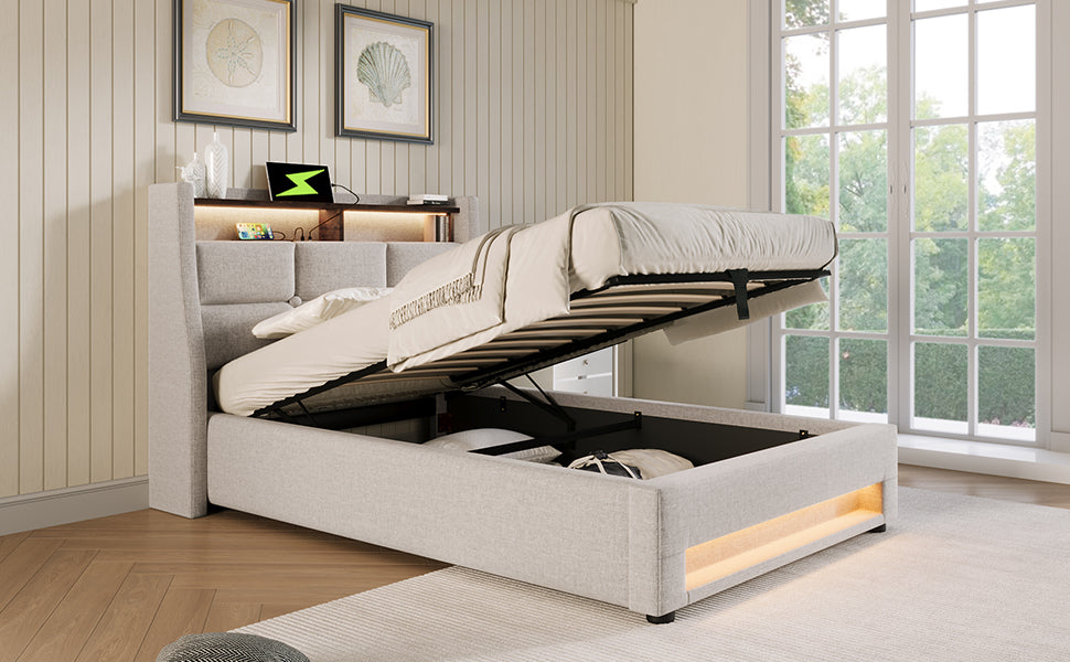 Logidon gestoffeerd bed met USB en LED 90x200 beige linnen bedframe