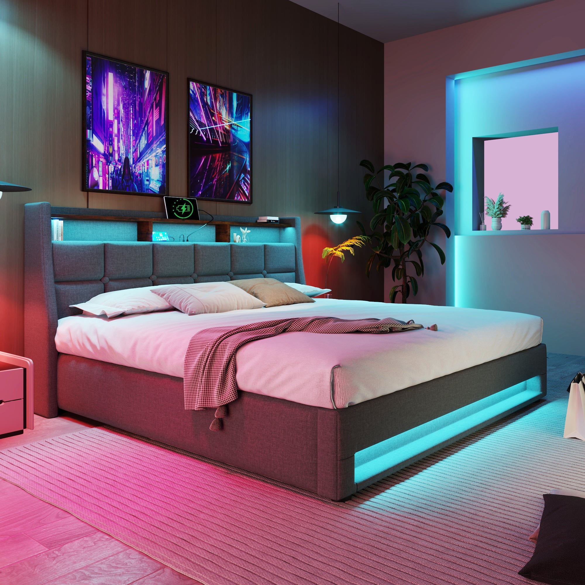 Logidon gestoffeerd bed met USB en LED 180x200 cm grijs linnen