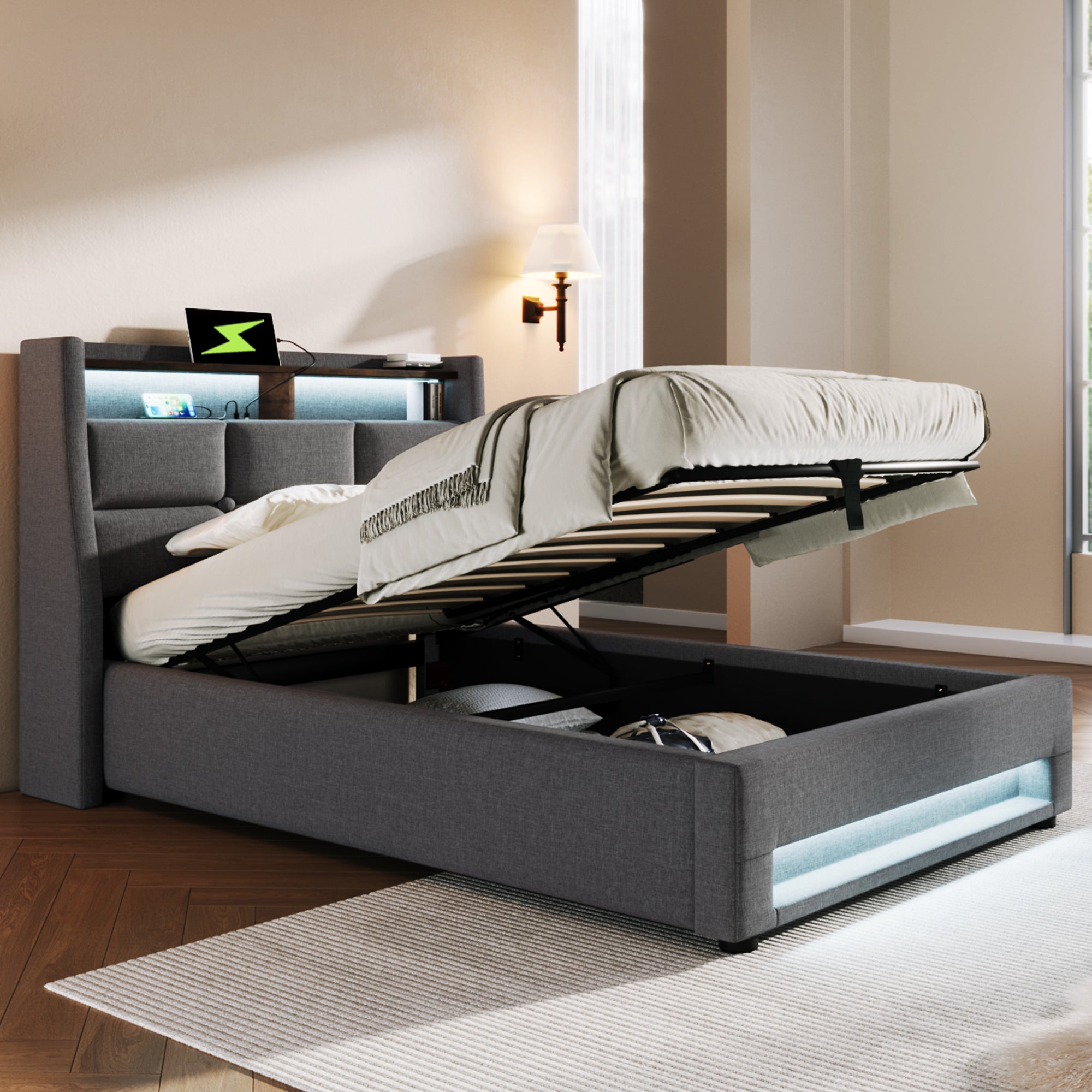 Logidon gestoffeerd bed 90x200 cm met LED USB linnen grijze matras