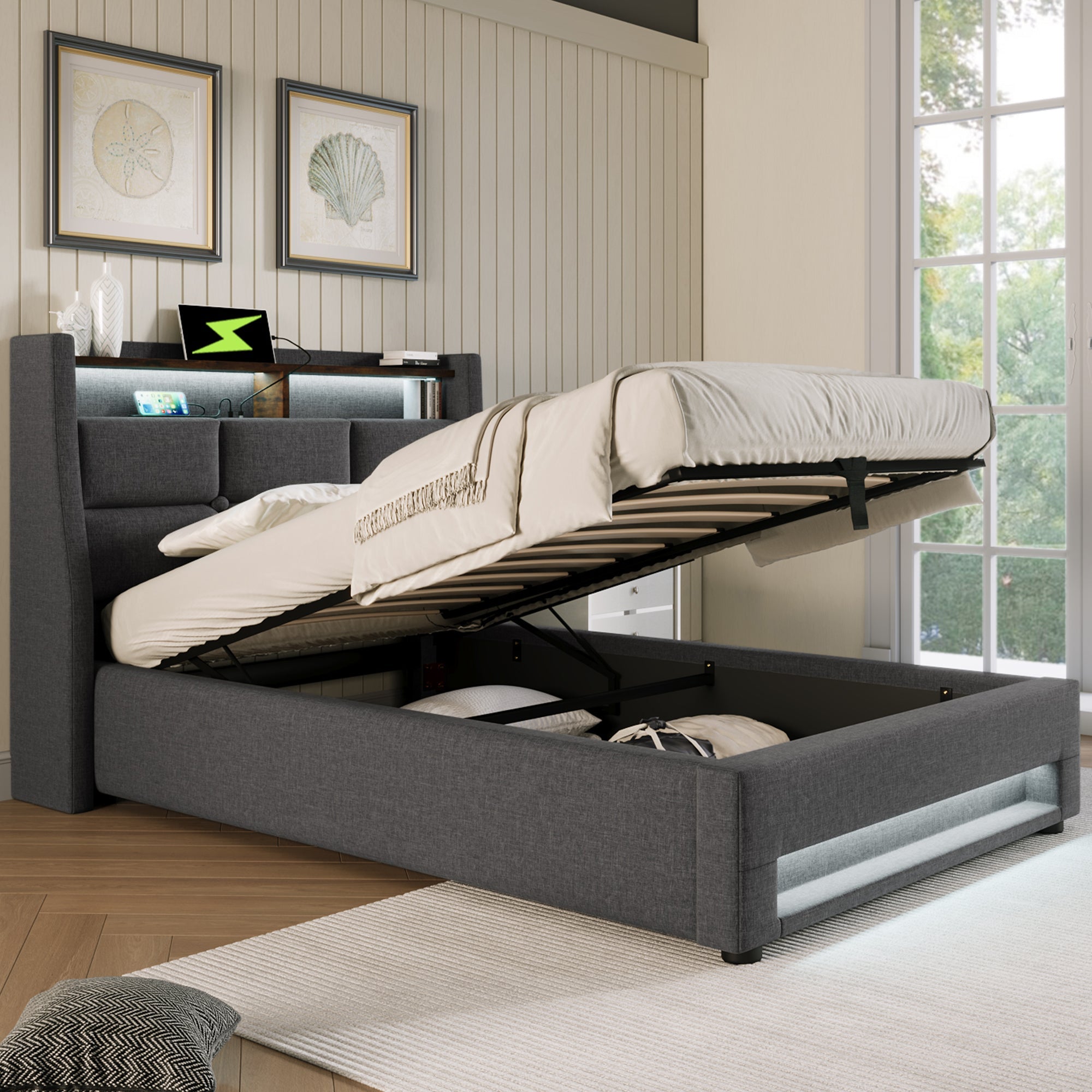 Logidon gestoffeerd bed 90x200 grijs met USB en LED-verlichting
