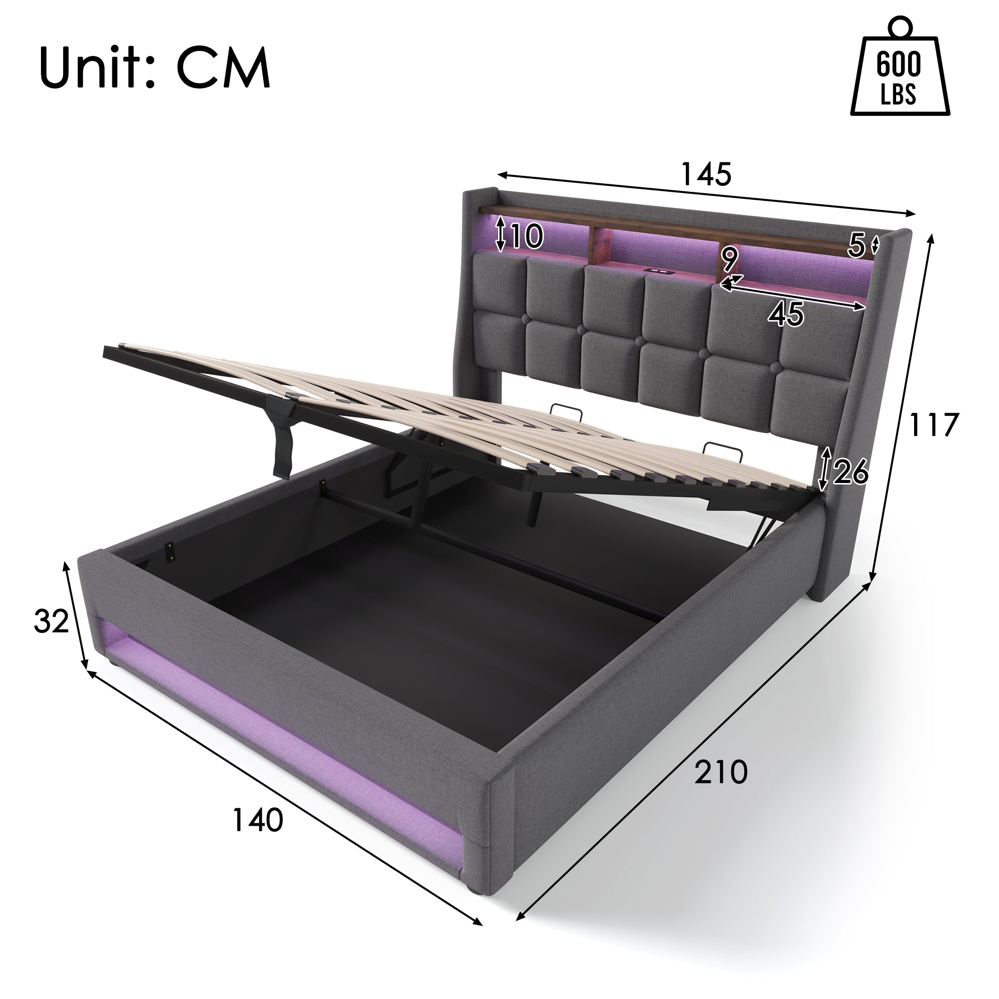 Logidon gestoffeerd bed 140x200 cm grijs met USB en LED-verlichting