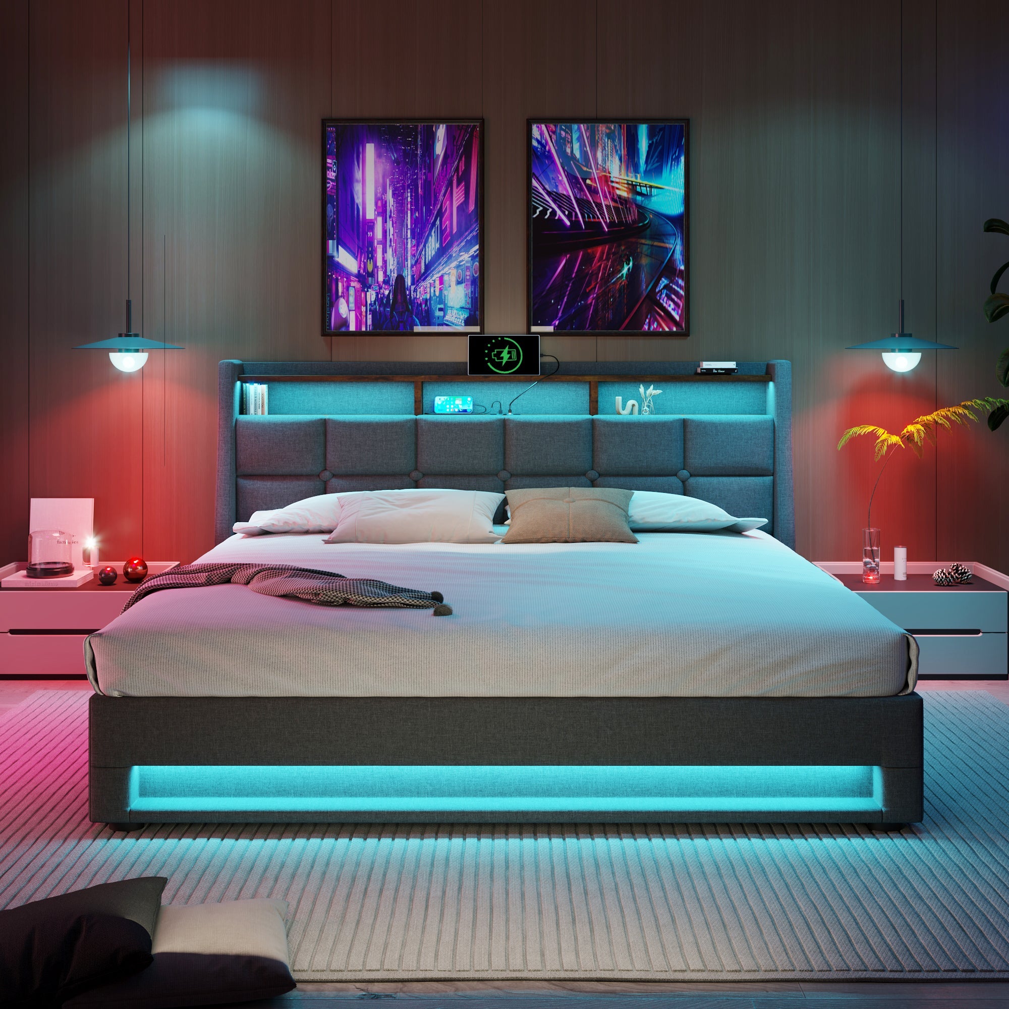 Logidon gestoffeerd bed met USB en LED 180x200 cm grijs linnen