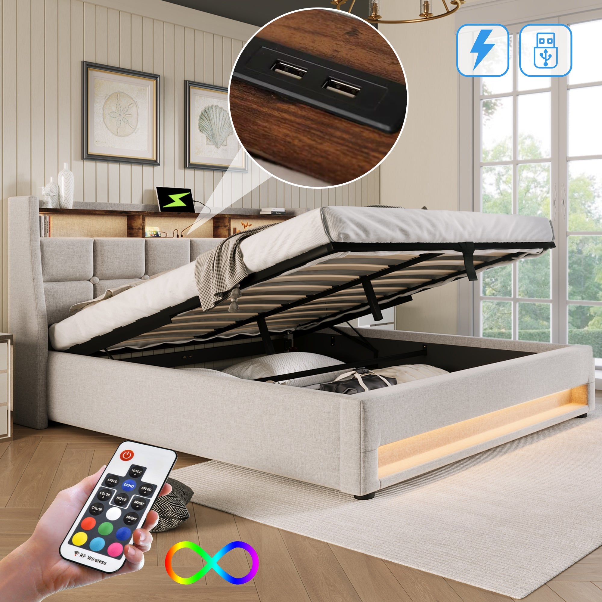 Logidon gestoffeerd bed 160x200cm met USB en LED beige linnen