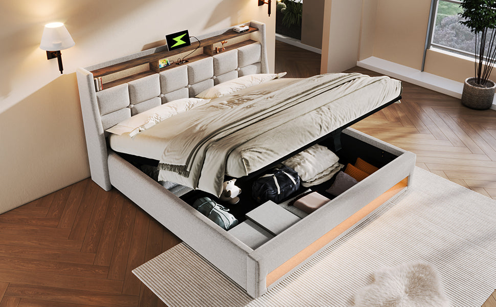 Logidon gestoffeerd bed 180x200 beige met USB en LED hoofdbord