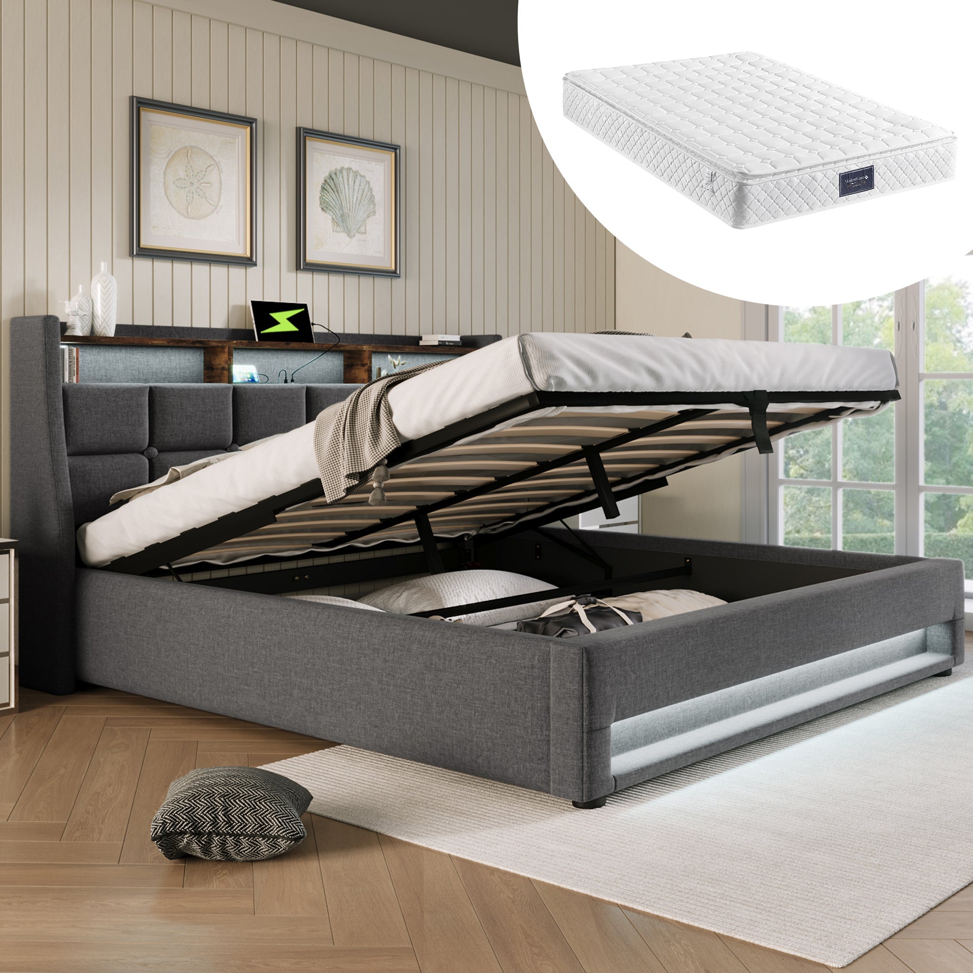 Logidon gestoffeerd bed USB 140x200cm LED grijs linnen met matras