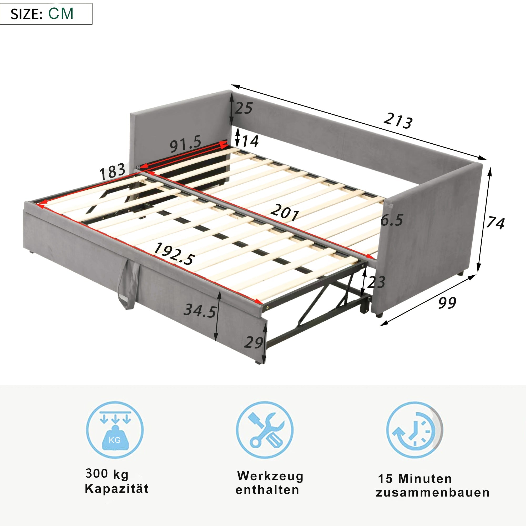 Logidon gestoffeerd bed slaapbank 90/180 x 200 cm grijs