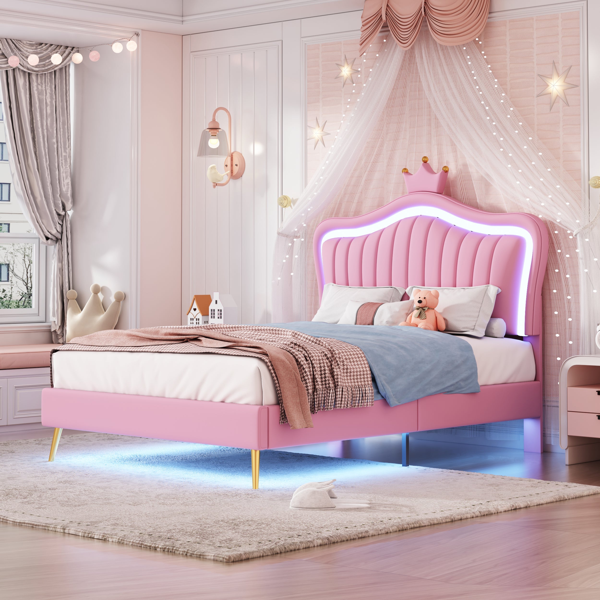 Logidon kinderbed gestoffeerd bed roze 90x200 cm met LED-verlichting