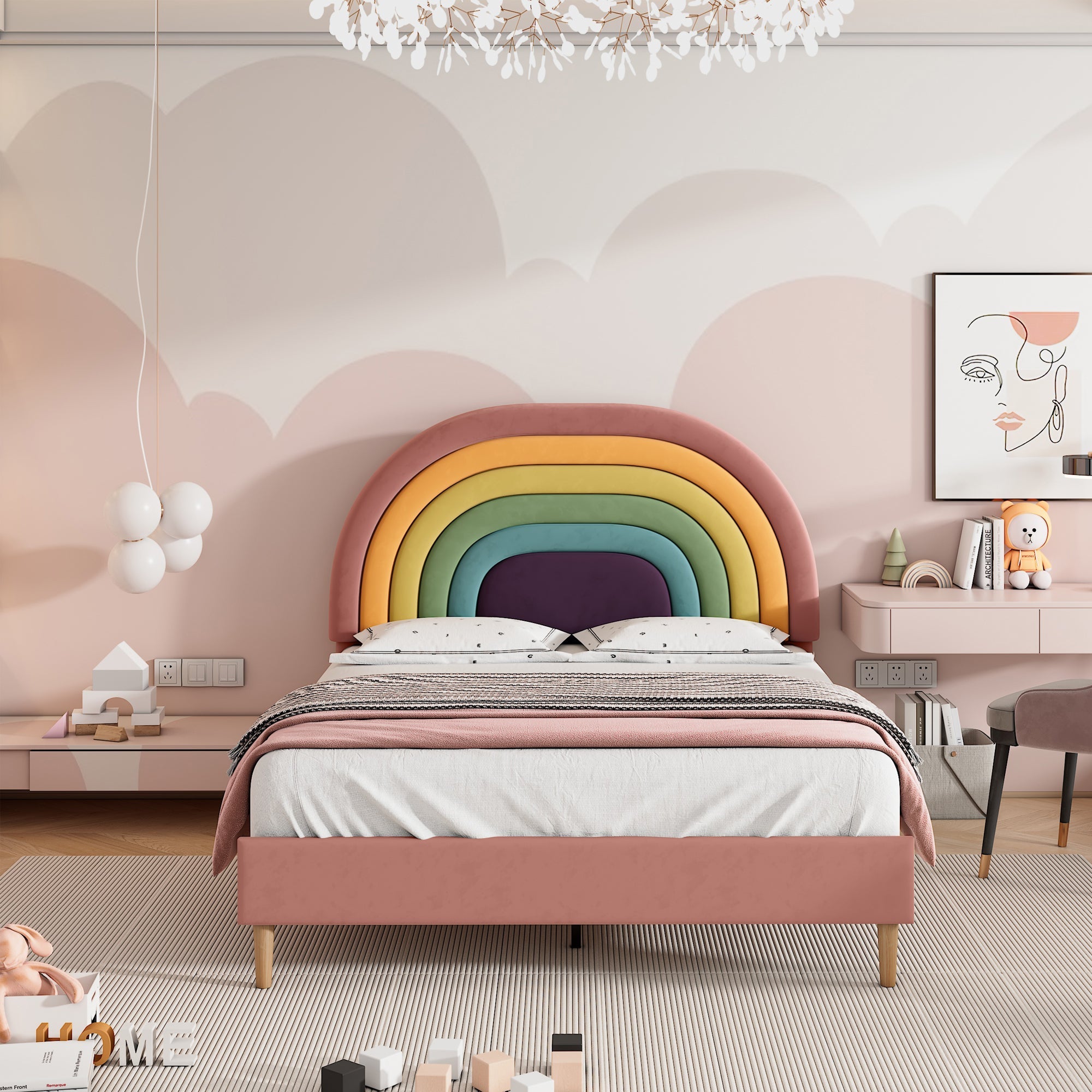 Logidon gestoffeerd bed 140x200 roze fluweel met lattenbodem hoofdeinde