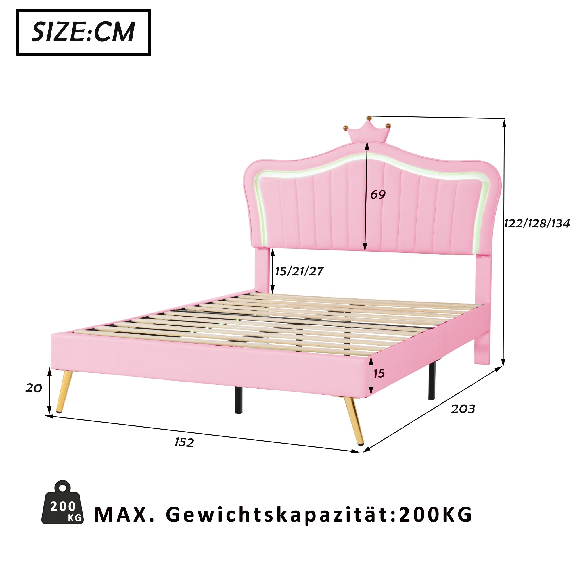 Logidon kinderbed 140x200 roze kroondesign met LED-verlichting
