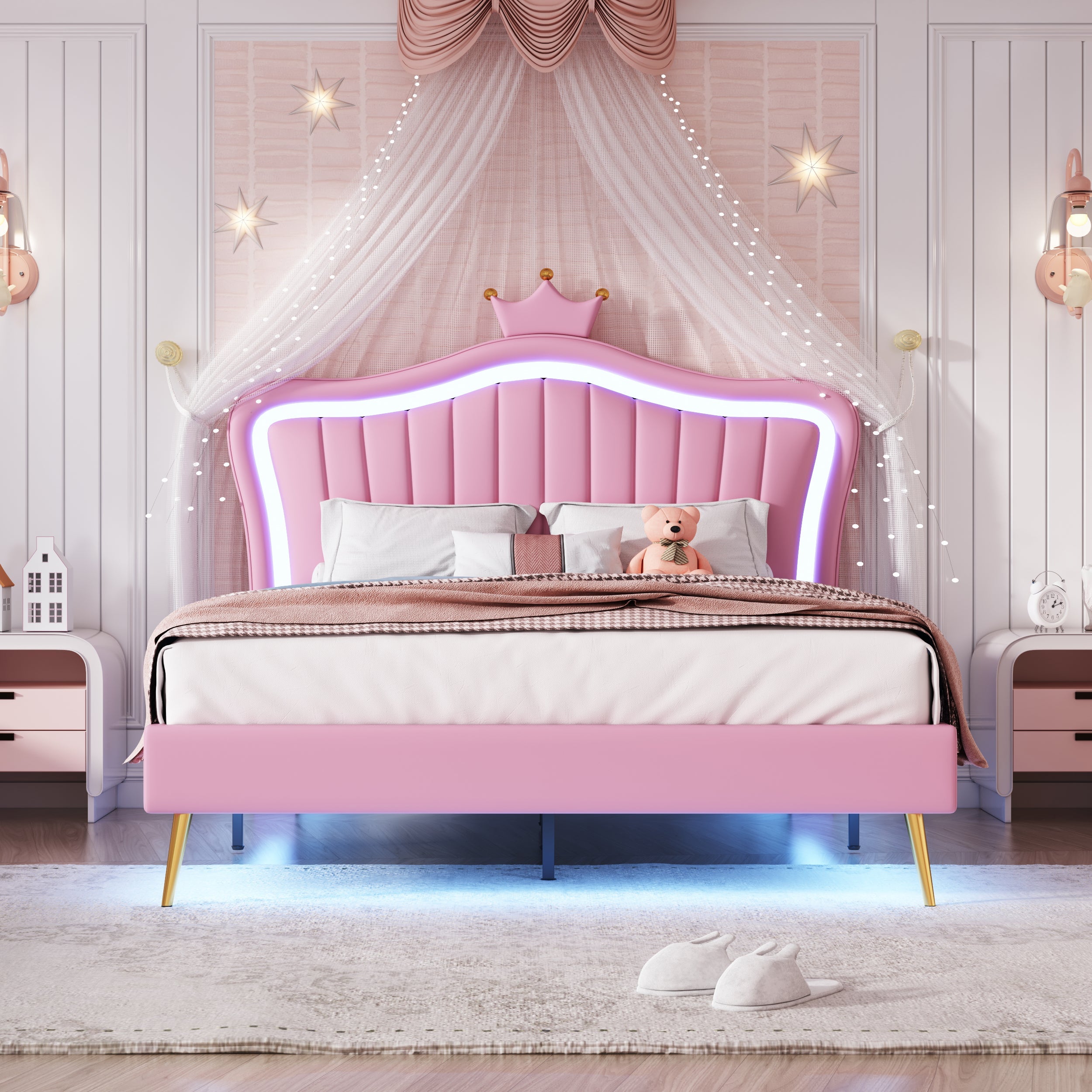 Logidon kinderbed 140x200 roze kroondesign met LED-verlichting