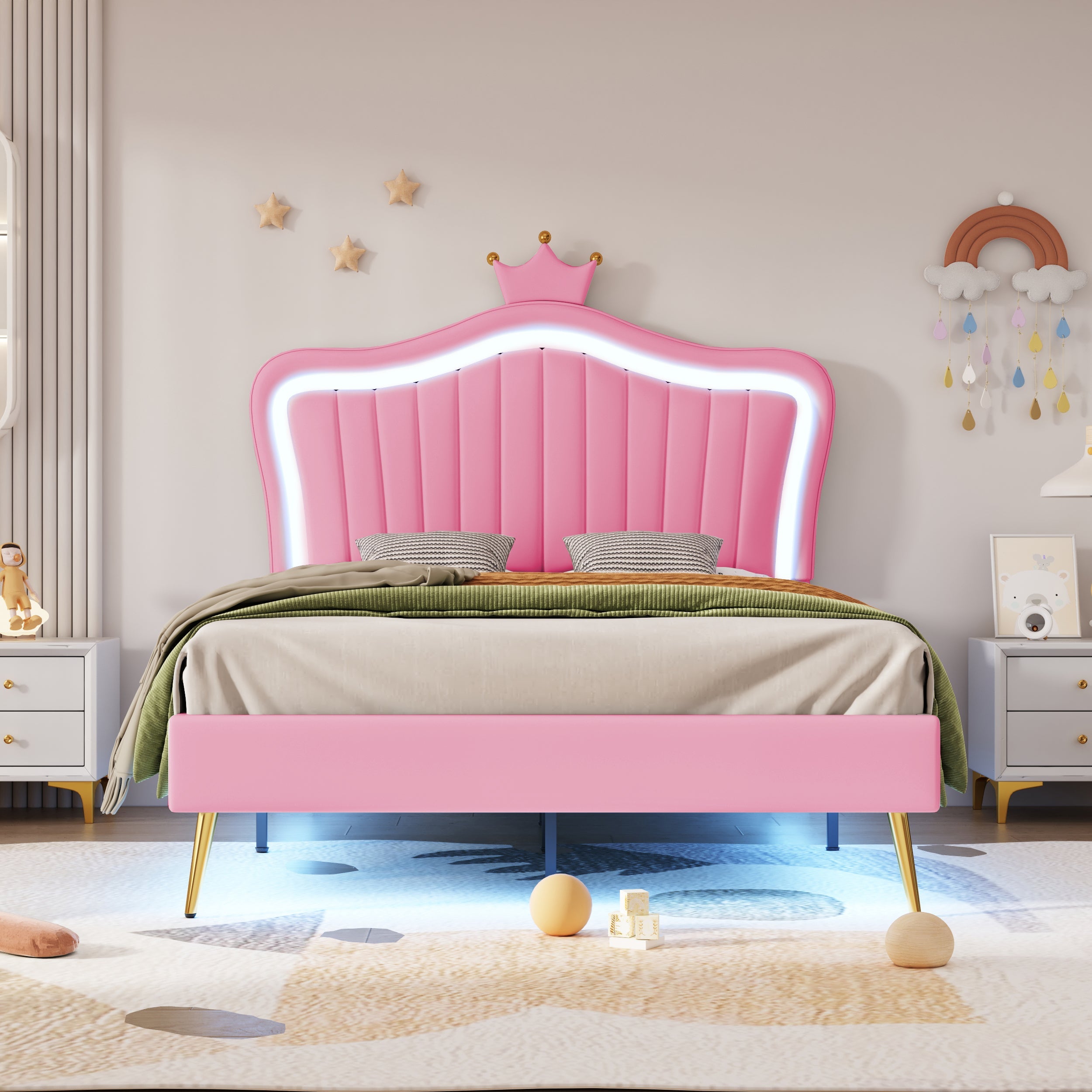 Logidon kinderbed gestoffeerd bed roze 90x200 cm met LED-verlichting