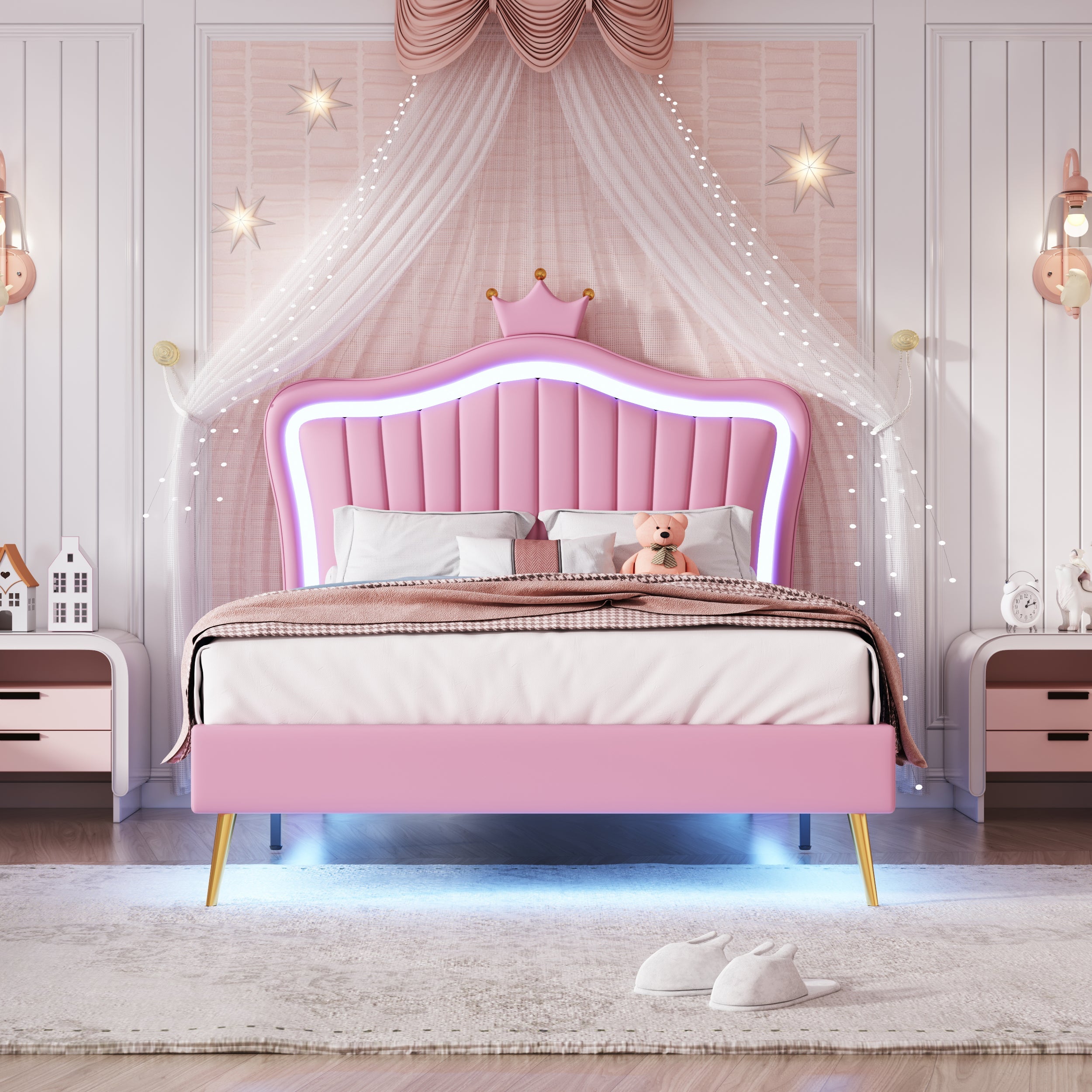 Logidon kinderbed gestoffeerd bed roze 90x200 cm met LED-verlichting