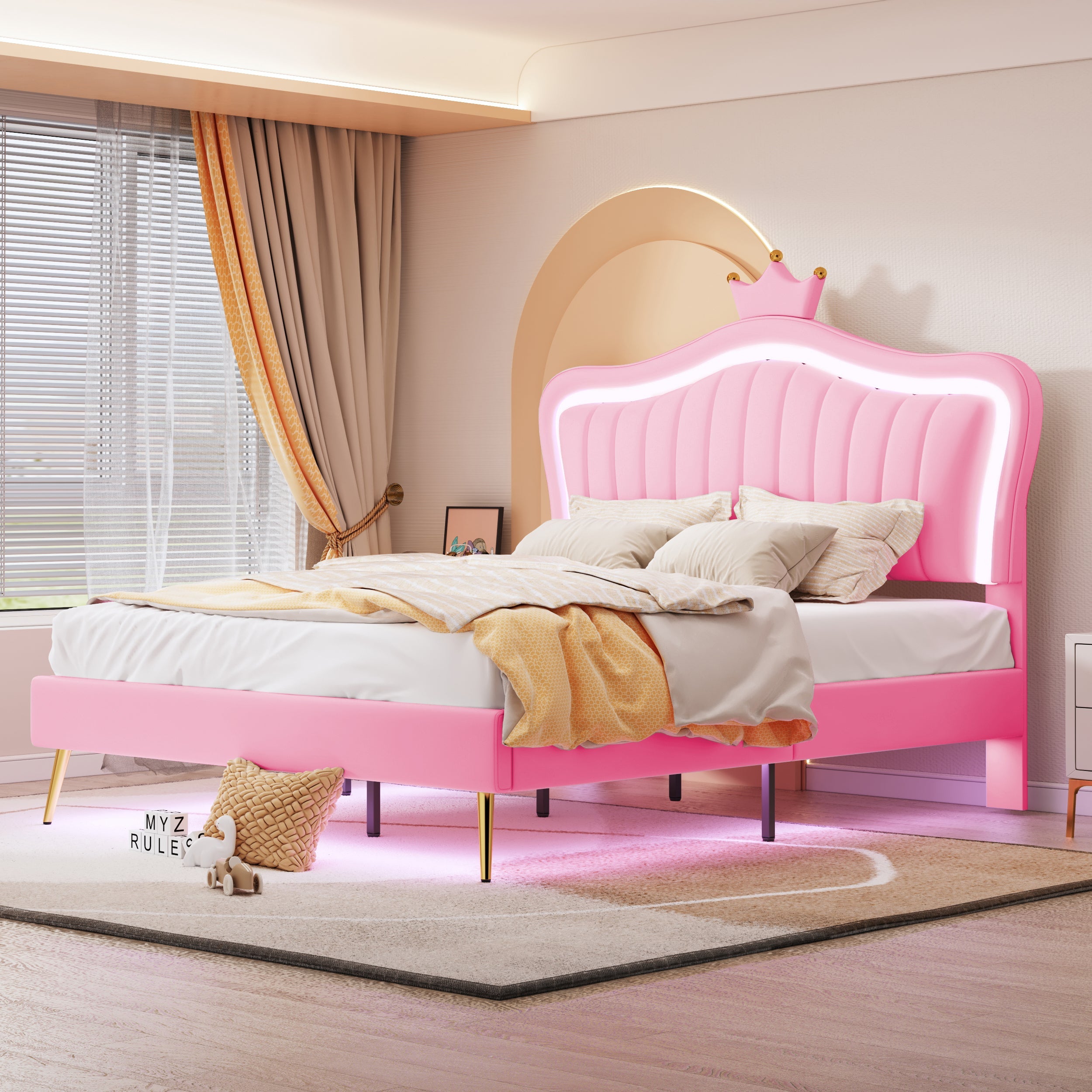 Logidon kinderbed 140x200 roze kroondesign met LED-verlichting