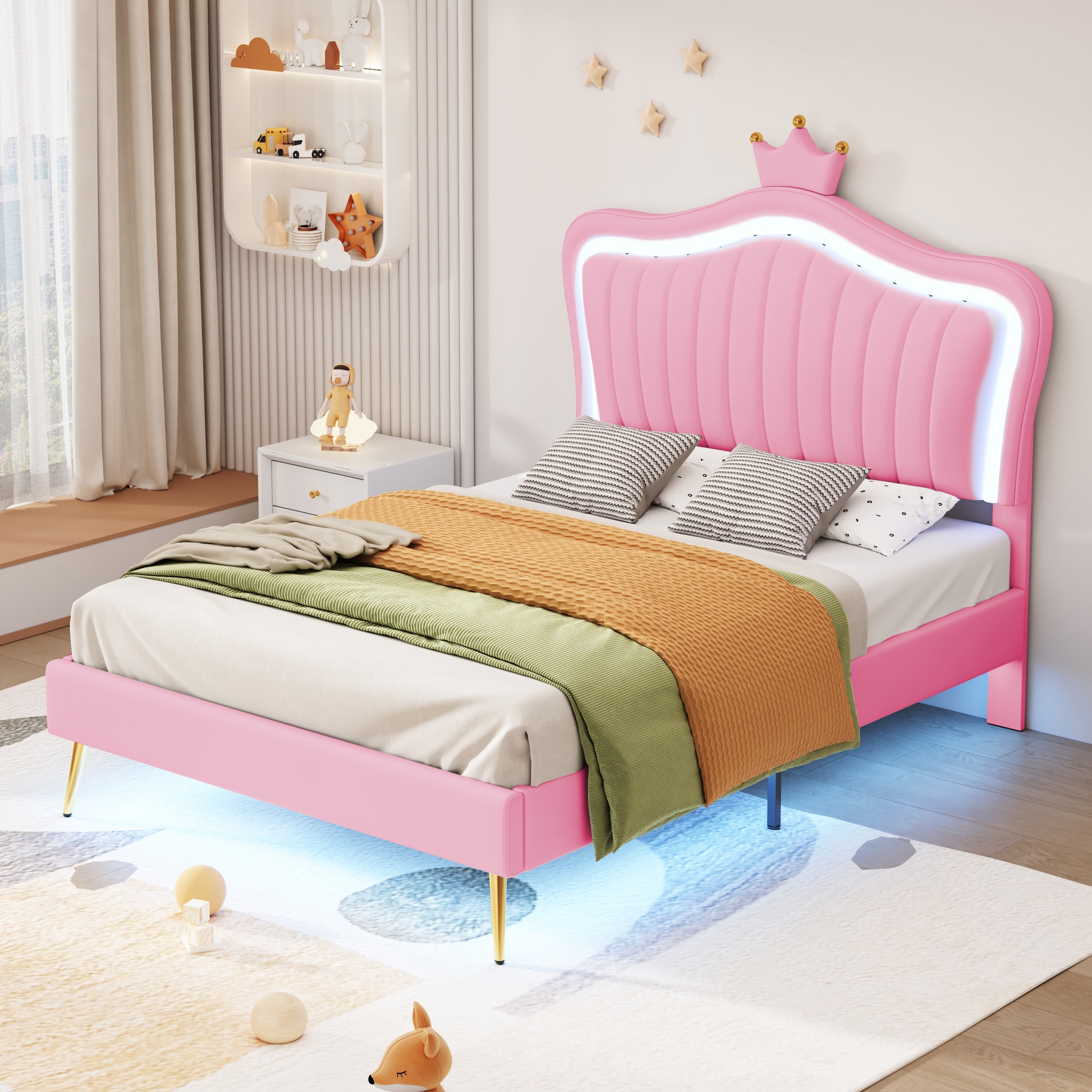 Logidon kinderbed gestoffeerd bed roze 90x200 cm met LED-verlichting