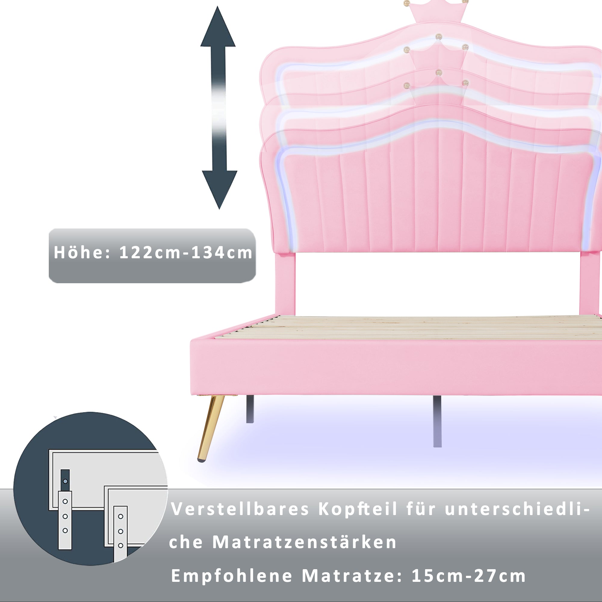 Logidon kinderbed gestoffeerd bed roze 90x200 cm met LED-verlichting