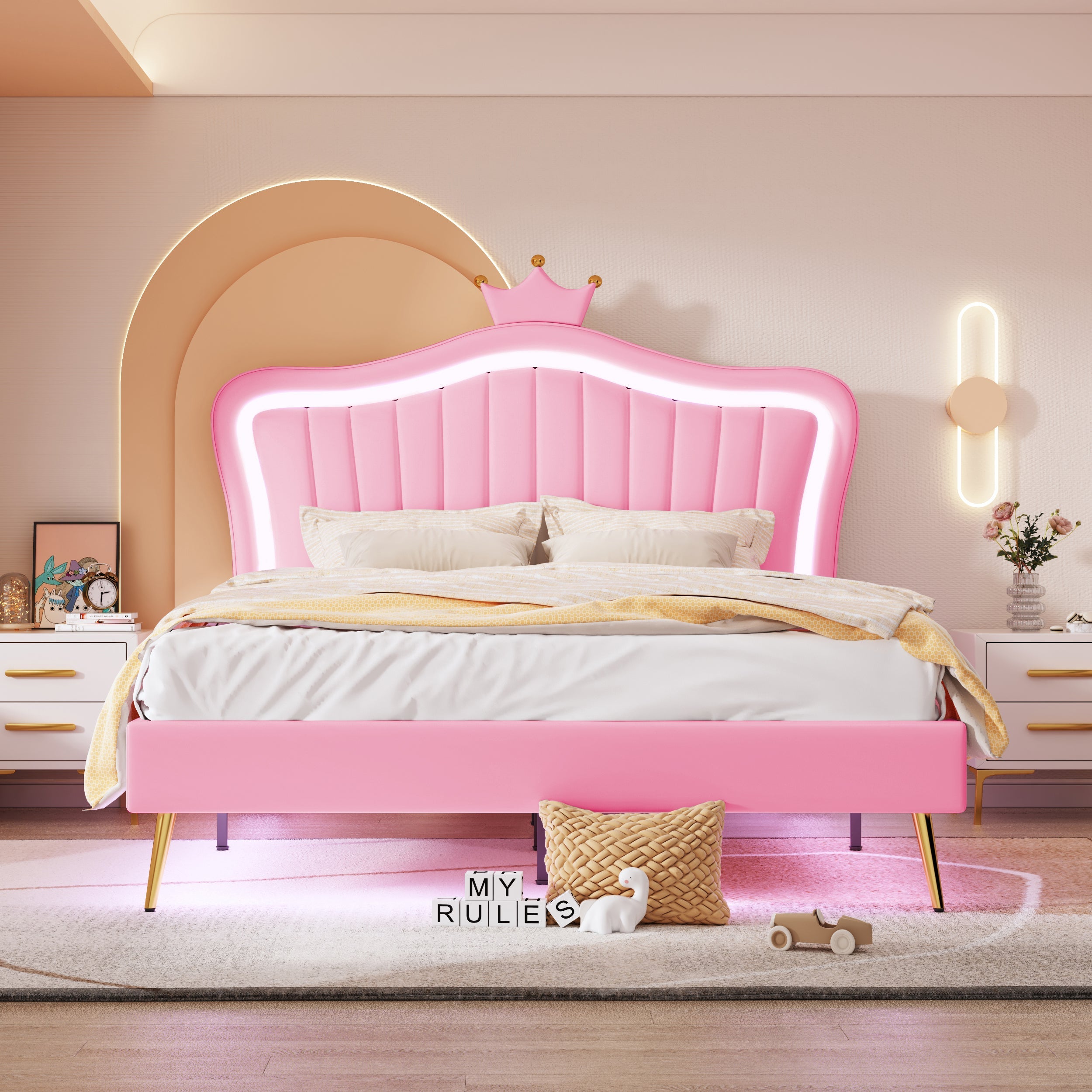 Logidon kinderbed 140x200 roze kroondesign met LED-verlichting
