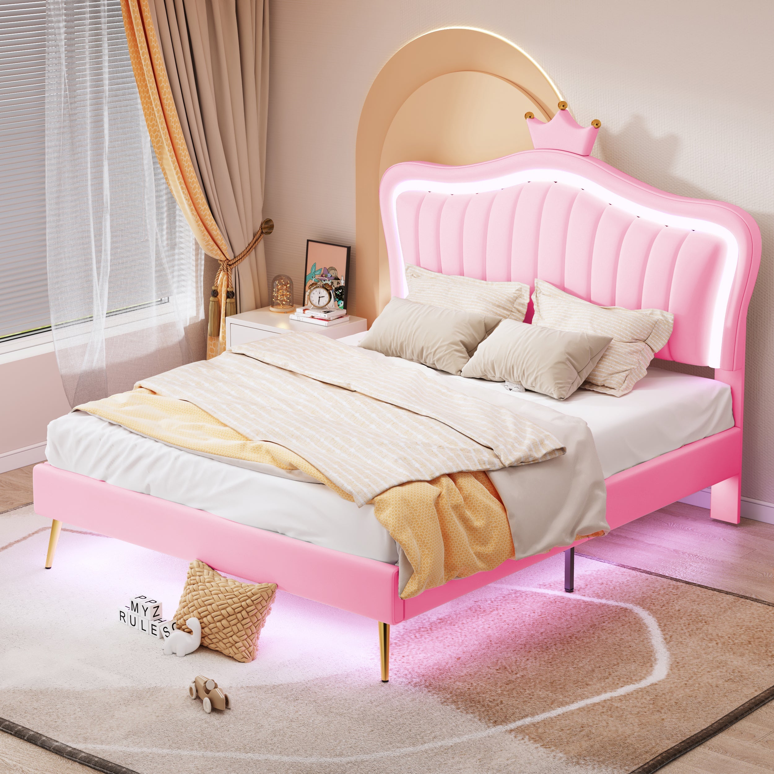 Logidon kinderbed 140x200 roze kroondesign met LED-verlichting