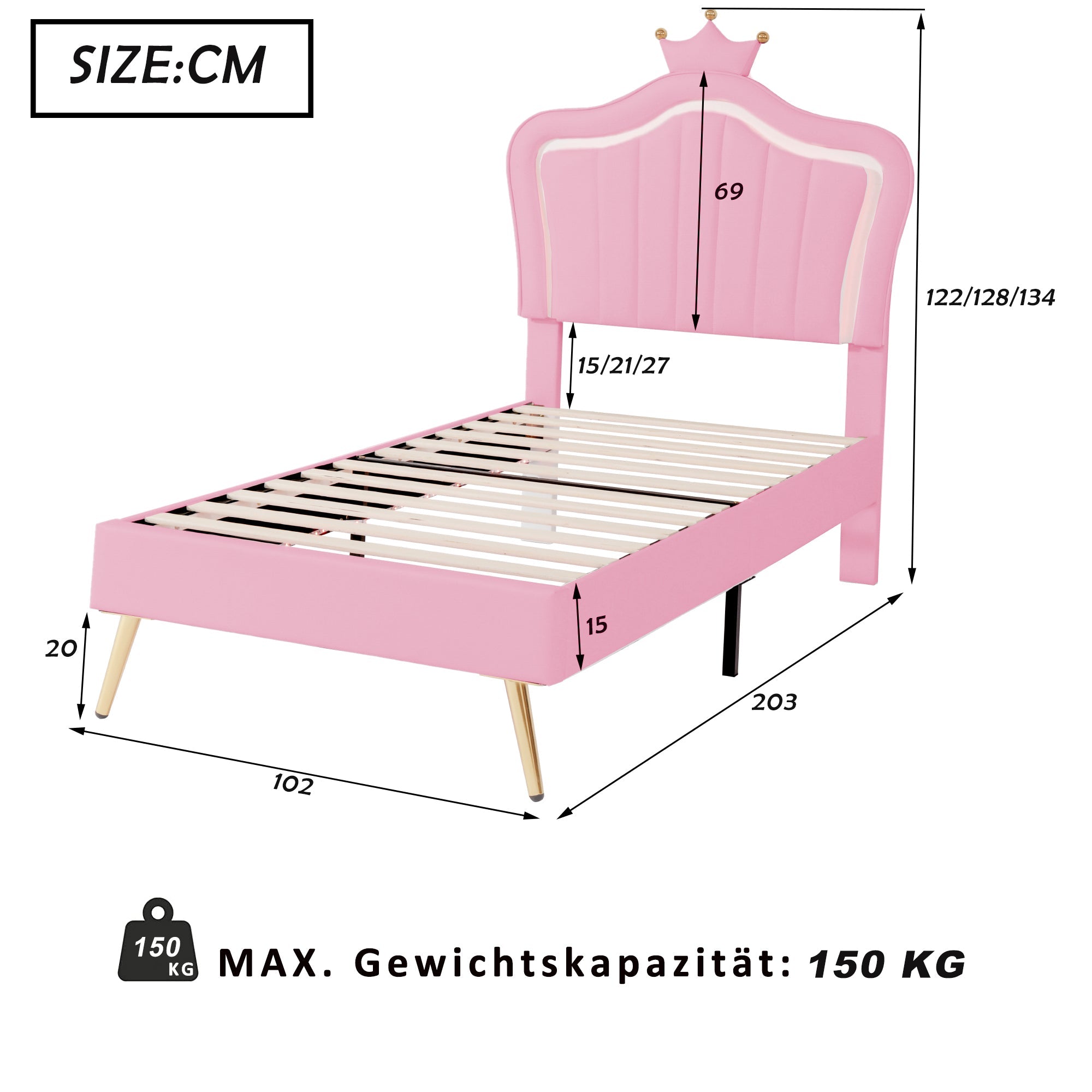 Logidon kinderbed gestoffeerd bed roze 90x200 cm met LED-verlichting