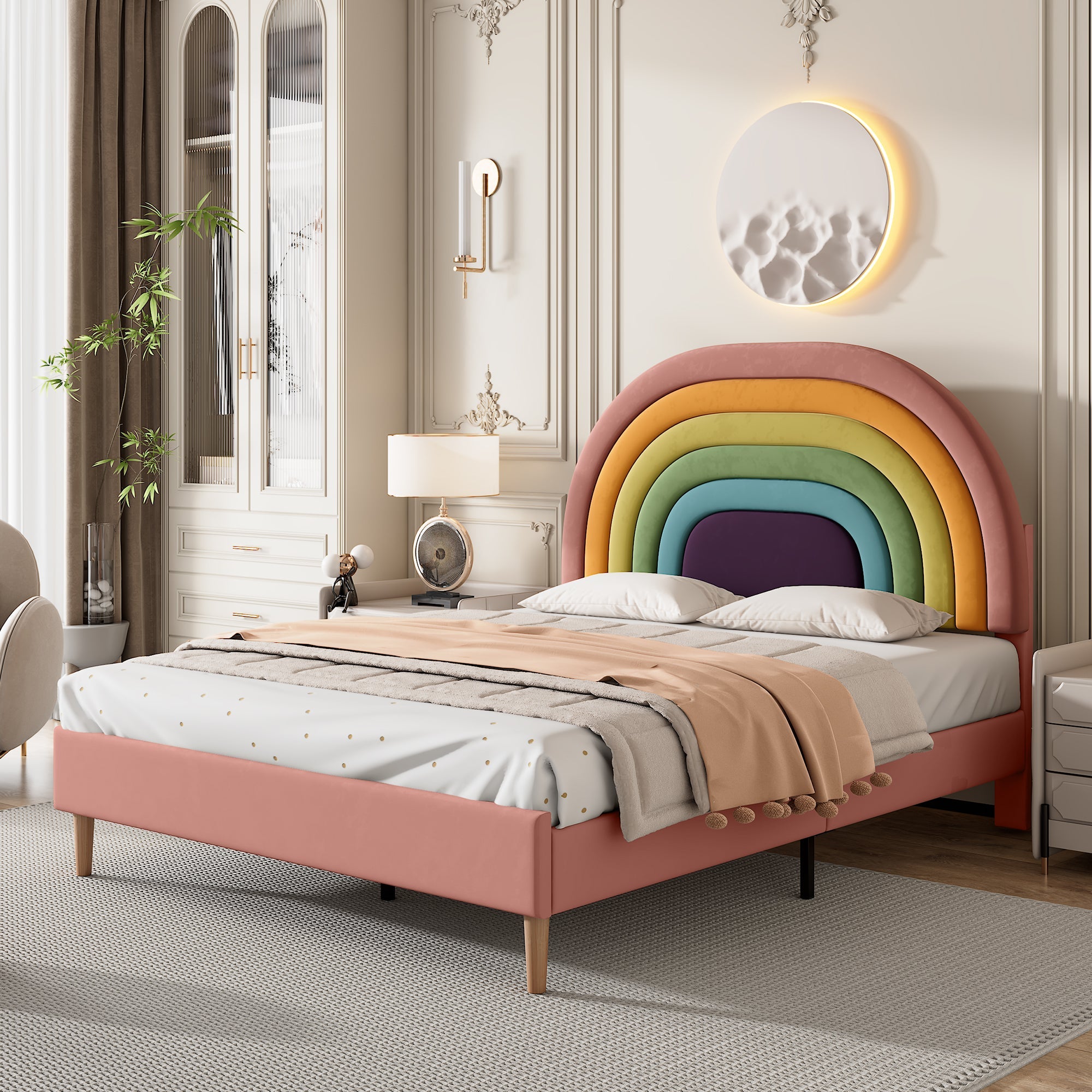 Logidon gestoffeerd bed 140x200 roze fluweel met lattenbodem hoofdeinde