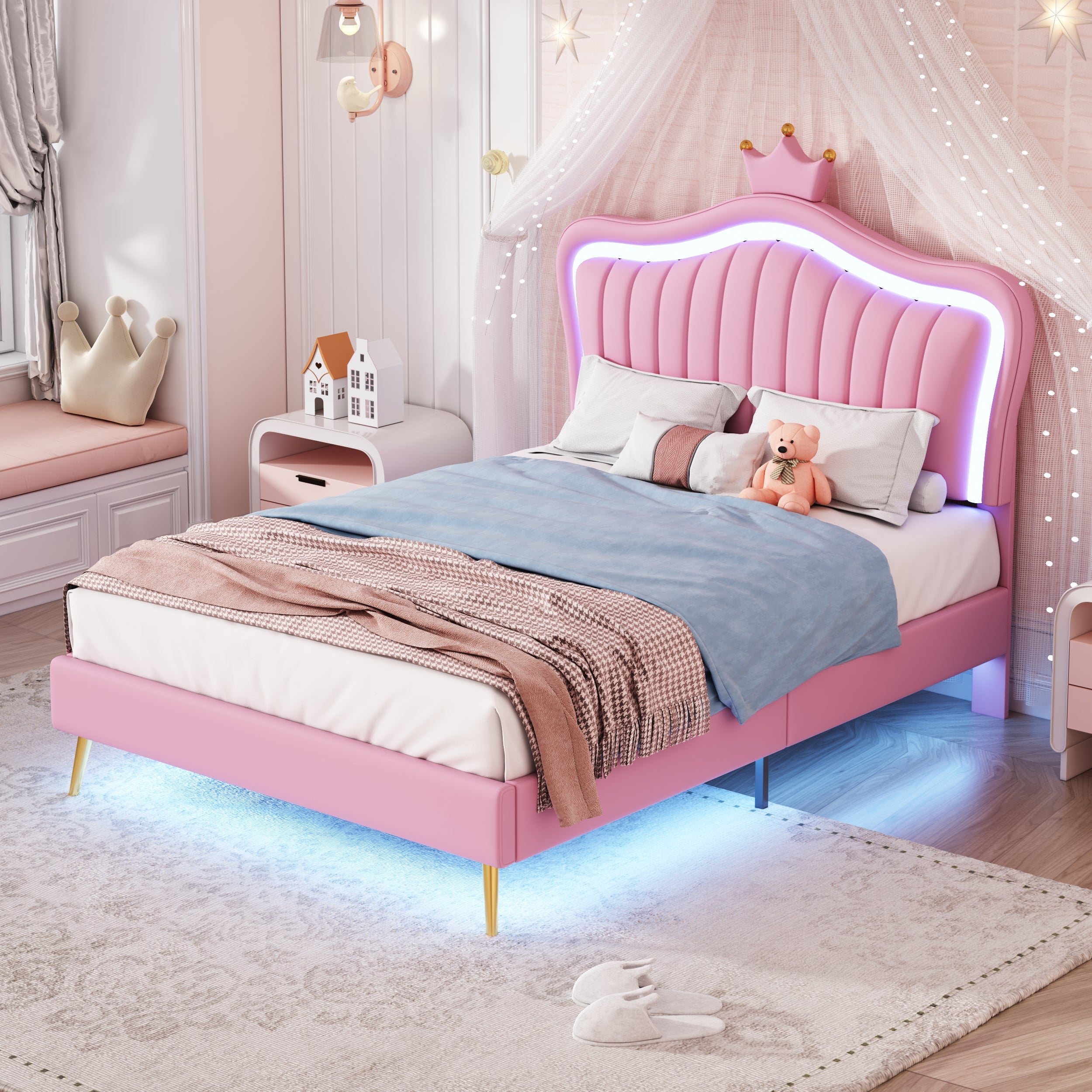 Logidon kinderbed gestoffeerd bed roze 90x200 cm met LED-verlichting