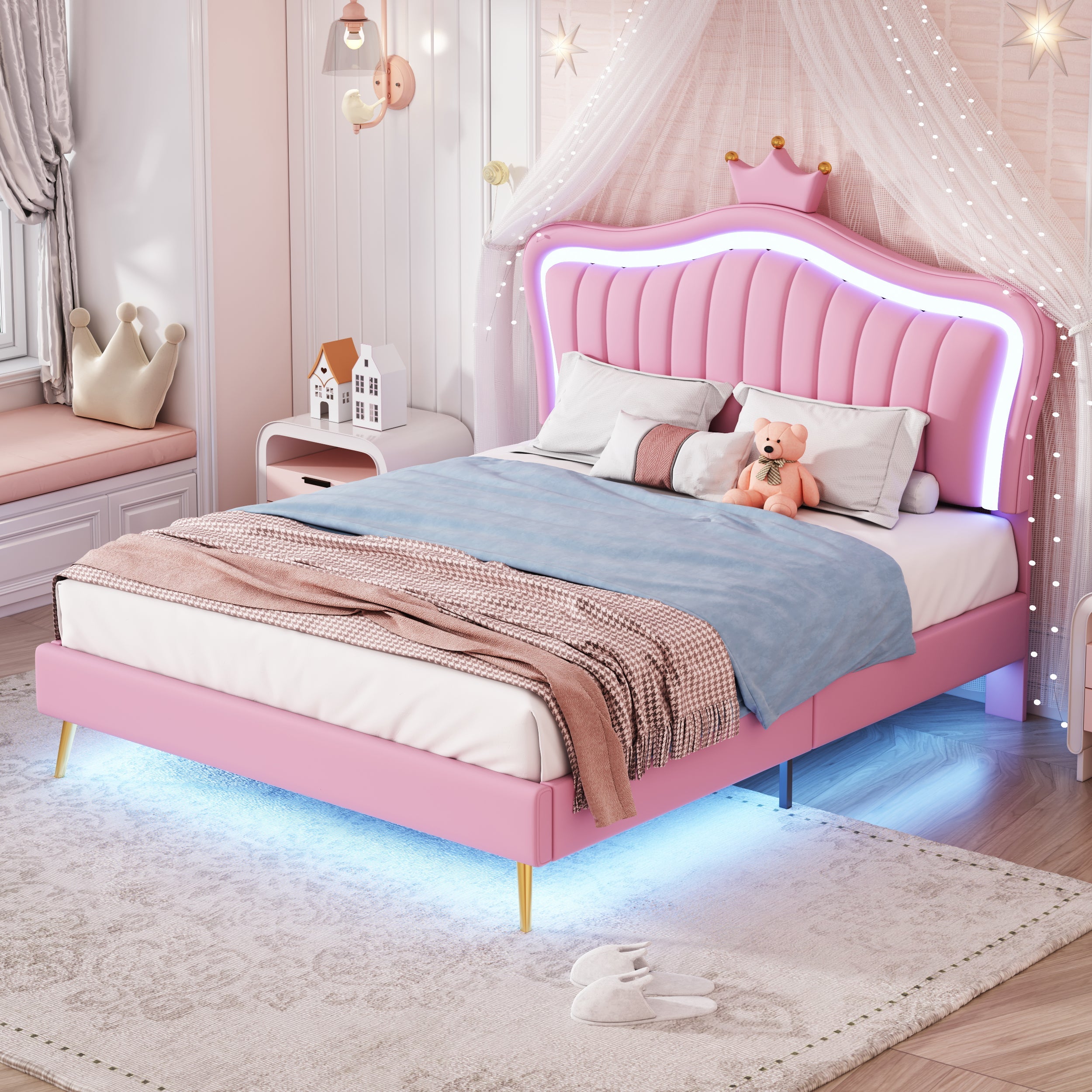 Logidon kinderbed 140x200 roze kroondesign met LED-verlichting