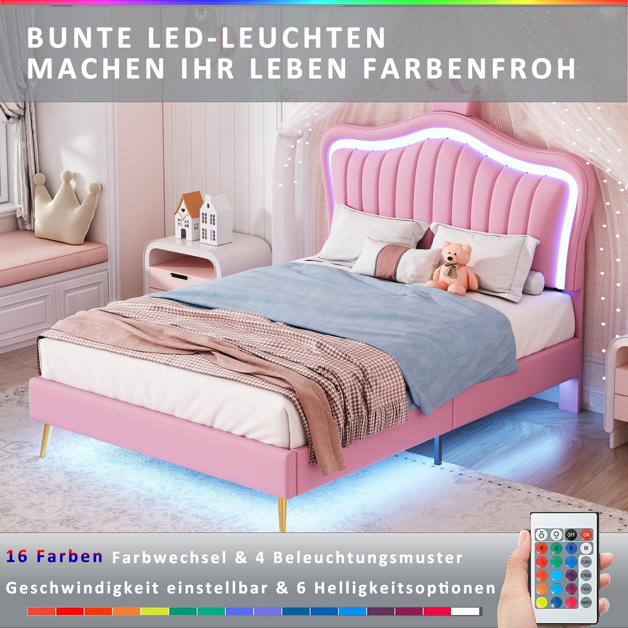 Logidon kinderbed gestoffeerd bed roze 90x200 cm met LED-verlichting