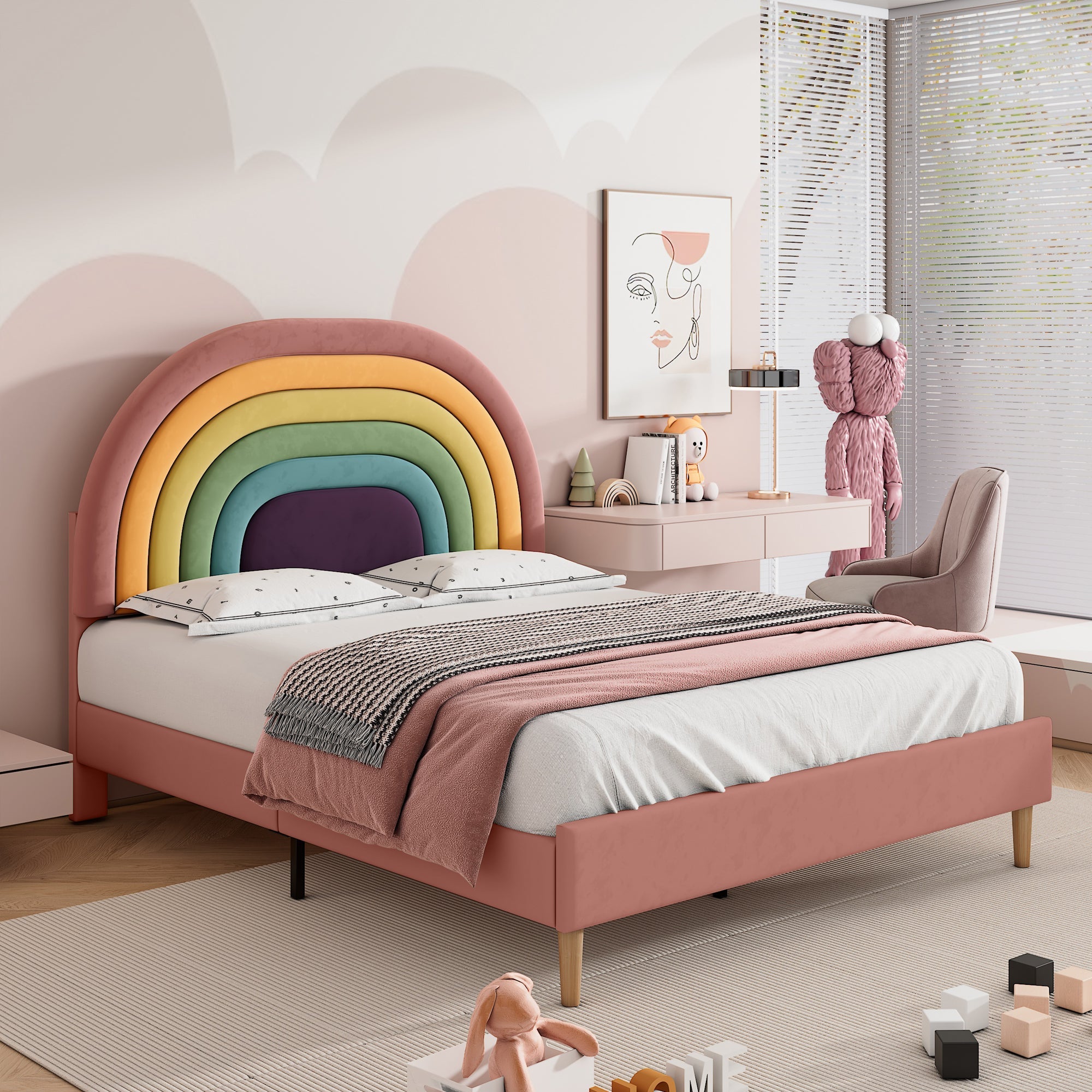 Logidon gestoffeerd bed 140x200 roze fluweel met lattenbodem hoofdeinde