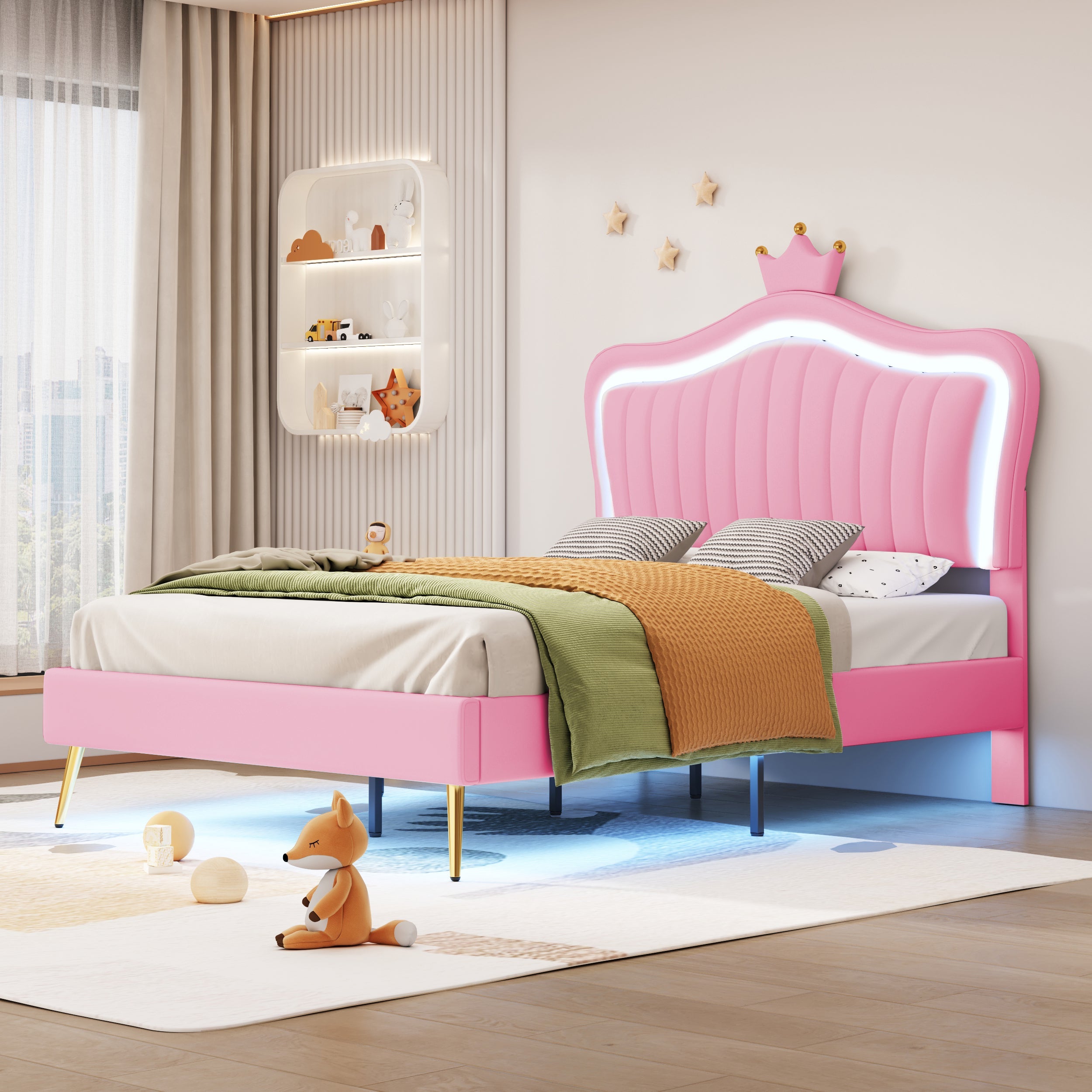 Logidon kinderbed gestoffeerd bed roze 90x200 cm met LED-verlichting