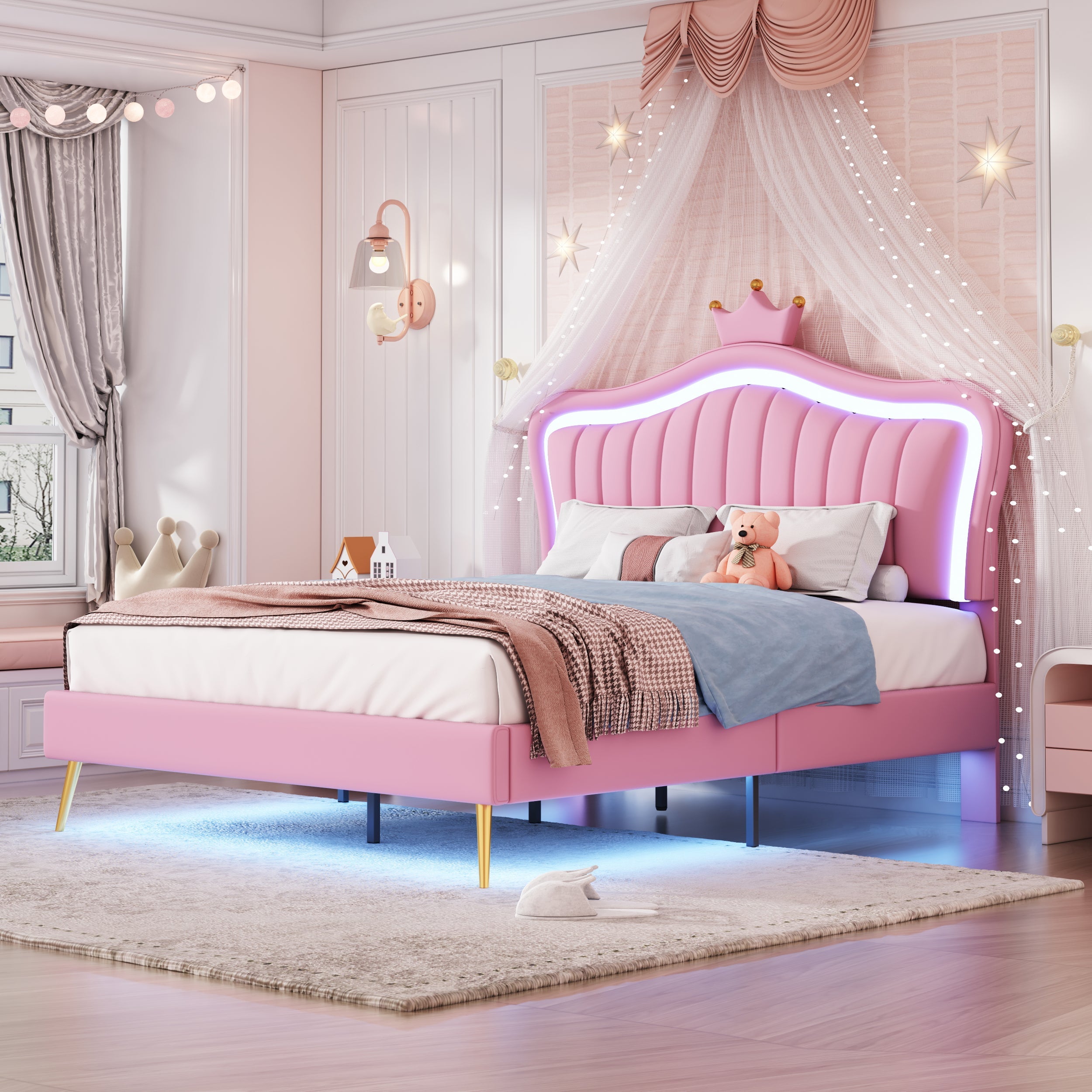 Logidon kinderbed 140x200 roze kroondesign met LED-verlichting