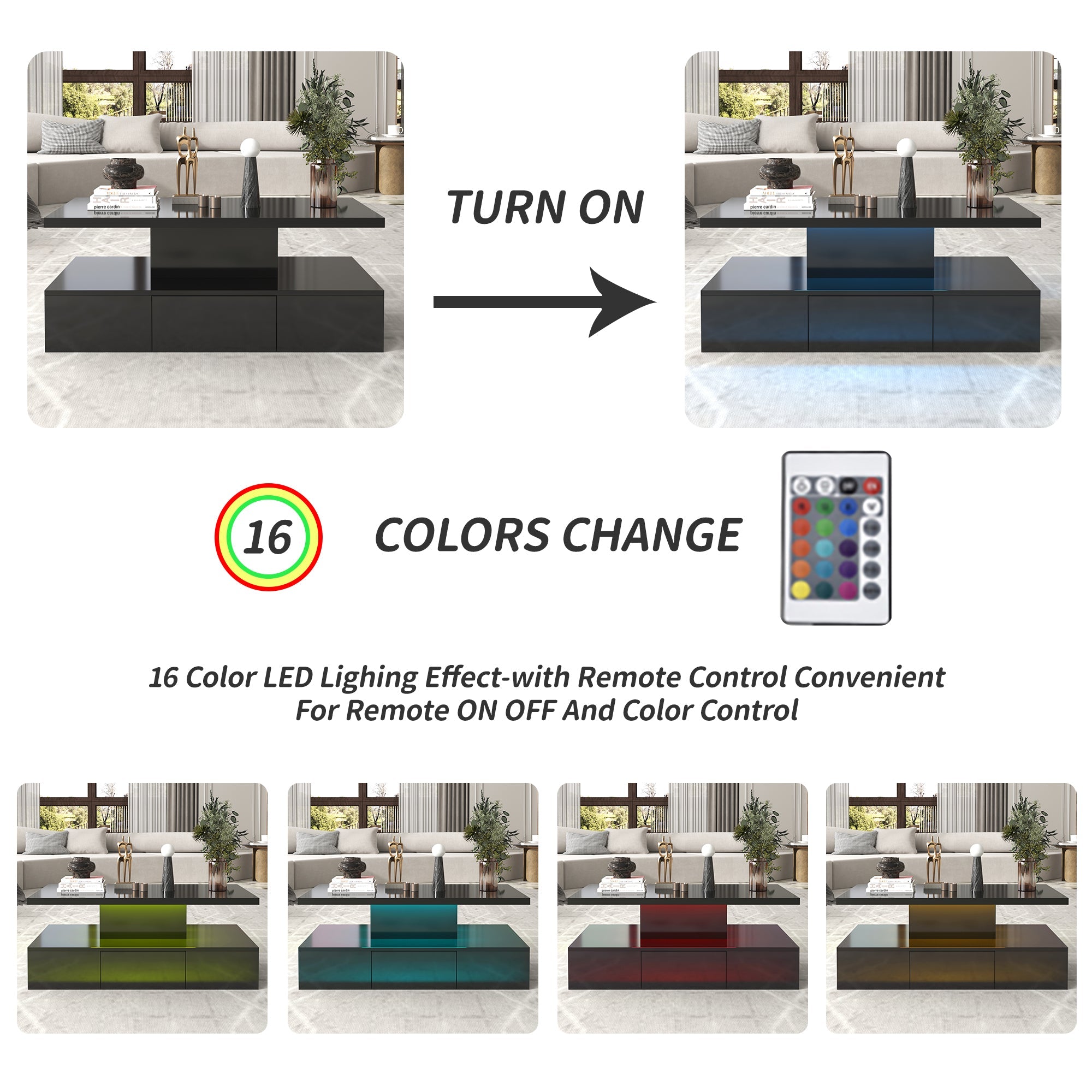 Logidon salontafel zwart hoogglans met LED verlichting 100x50x39 cm
