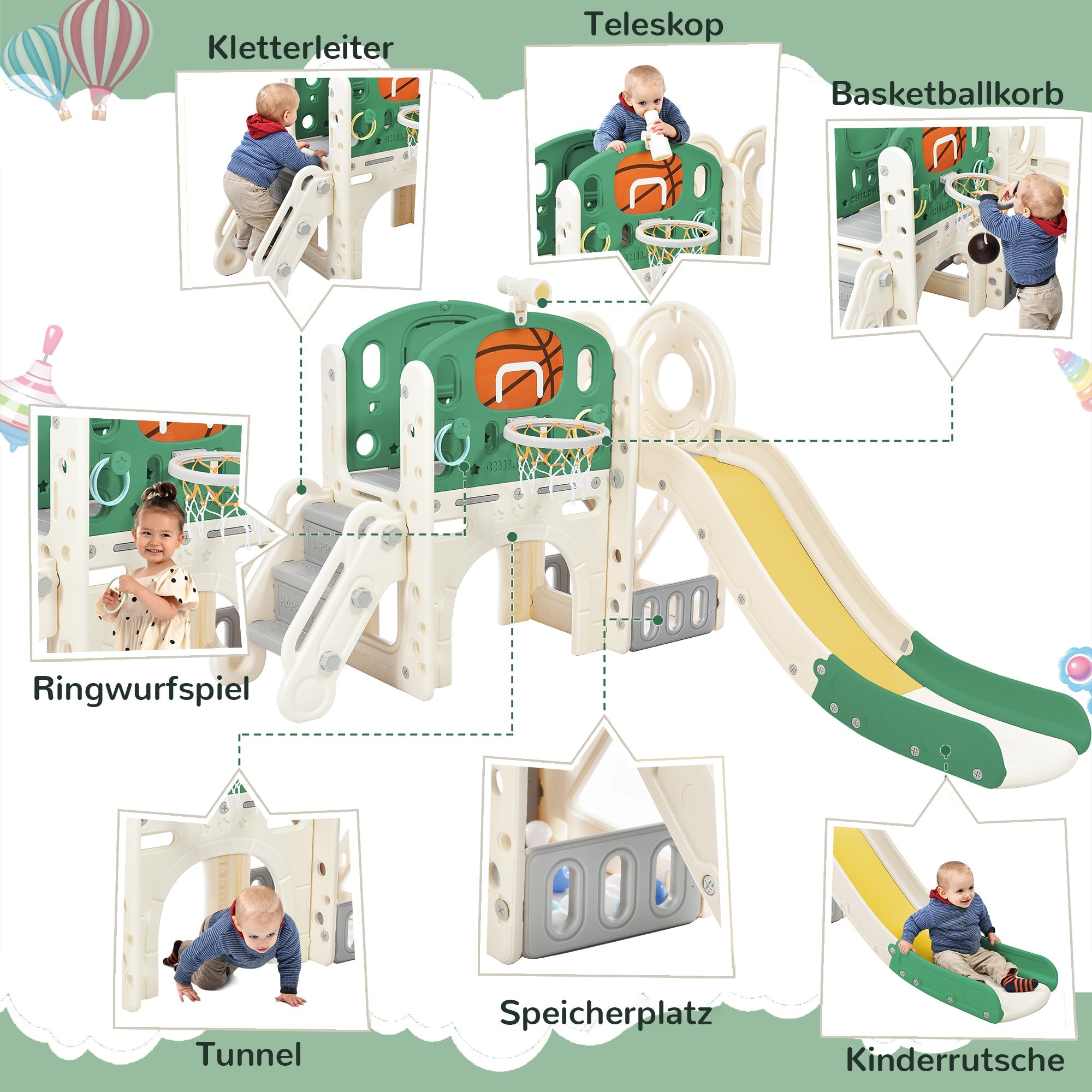 Logidon combiglijbaan voor kinderen met lange glijbaan antiek groen