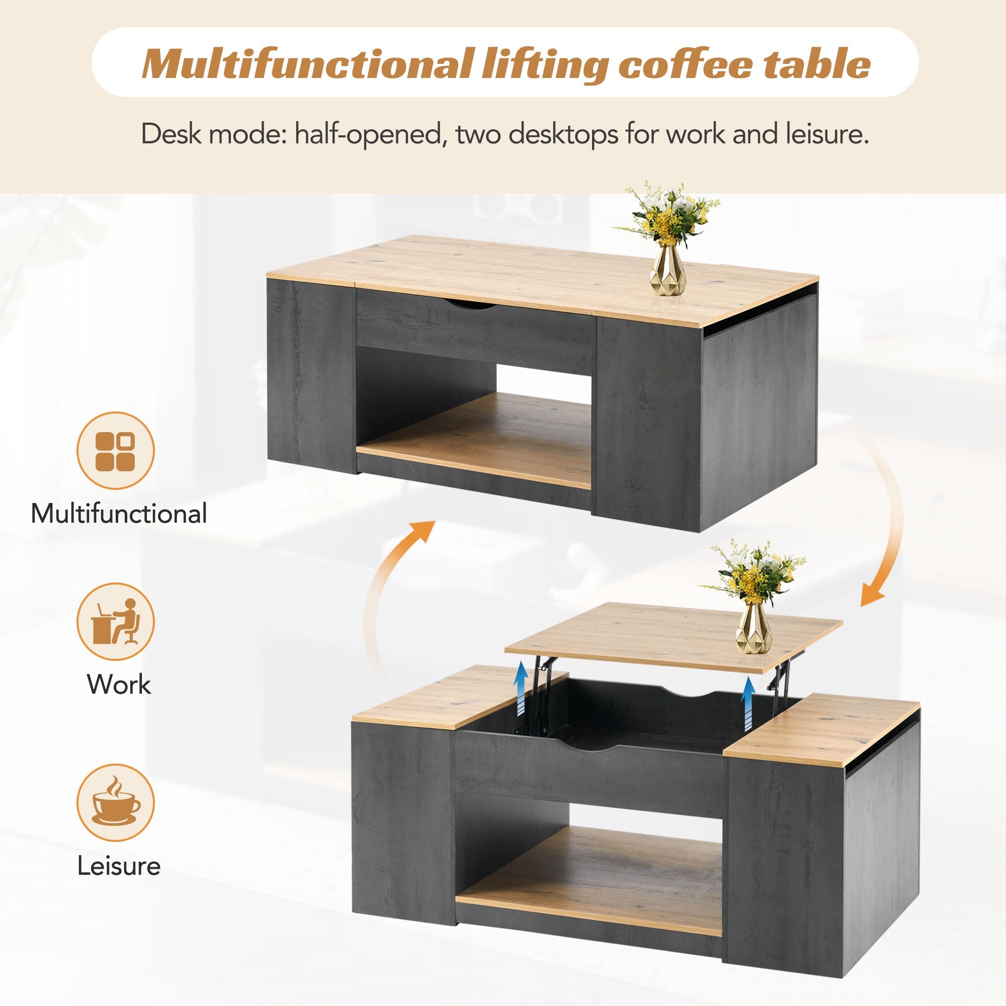 Logidon coffee table with lift function 109 cm gray