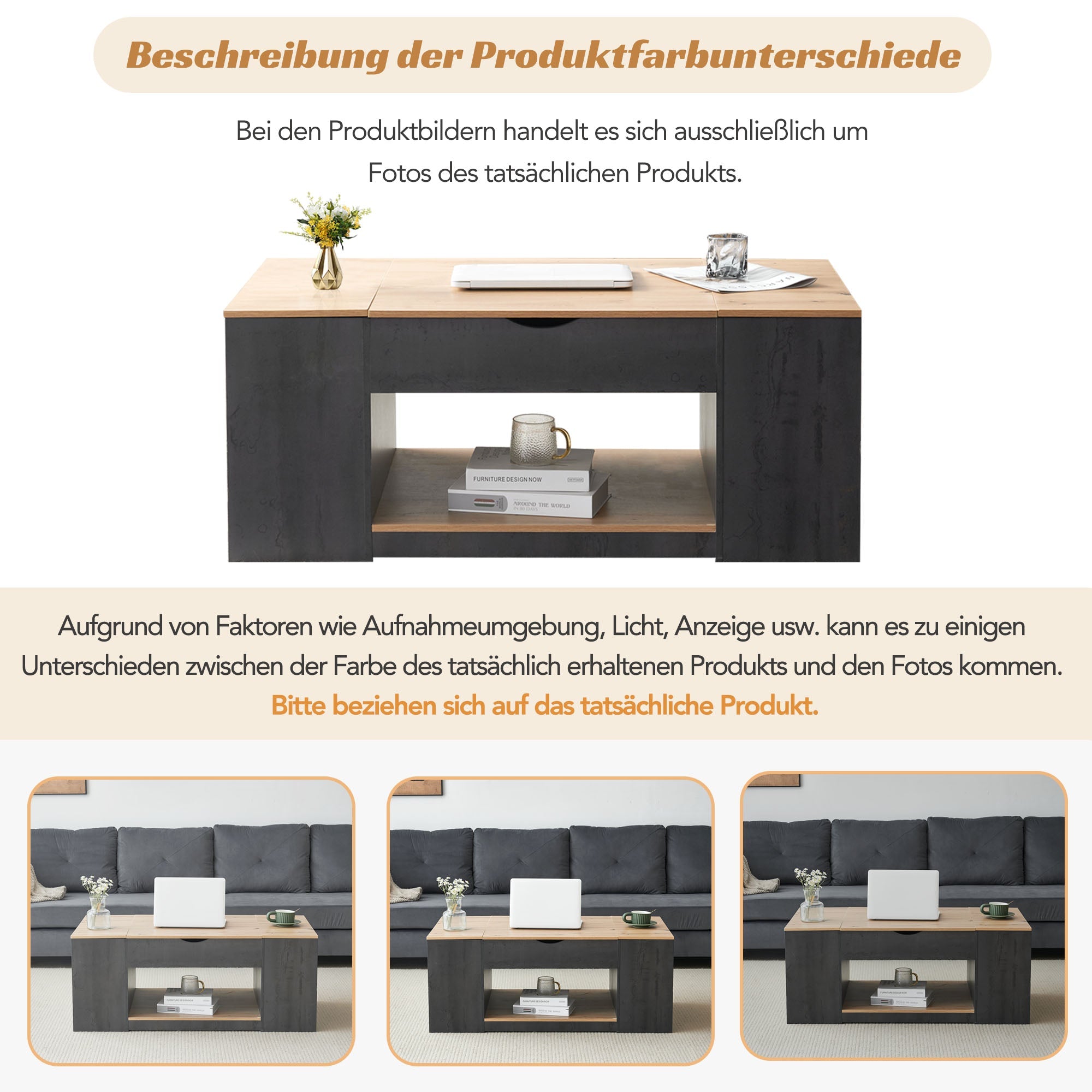 Logidon coffee table with lift function 109 cm gray